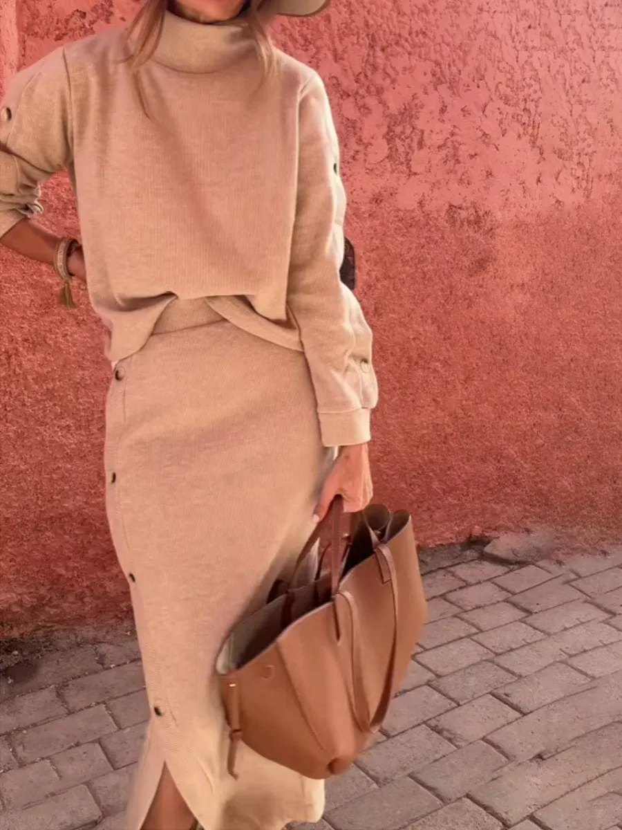 High Neck Button Up Two Pieces Dress