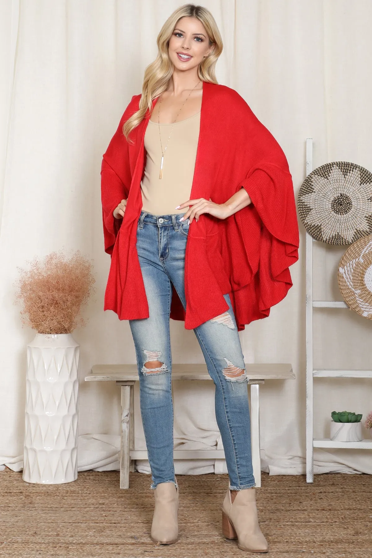 KNIT RUFFLED SOLID COLOR KIMONO (NOW $11.75 ONLY!)