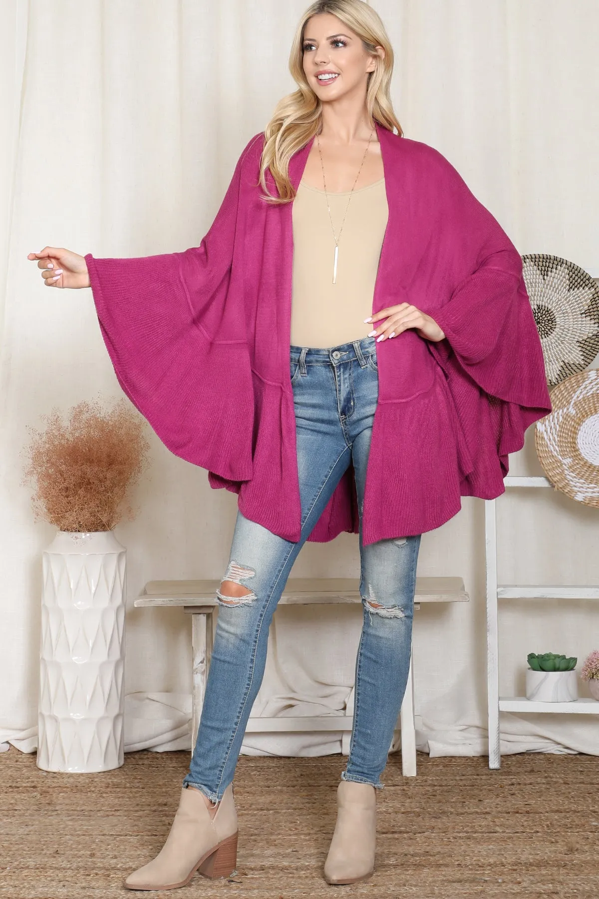 KNIT RUFFLED SOLID COLOR KIMONO (NOW $11.75 ONLY!)