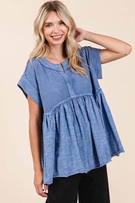 Mittoshop Mixed Media Mineral Wash Babydoll Short Sleeve Blouse