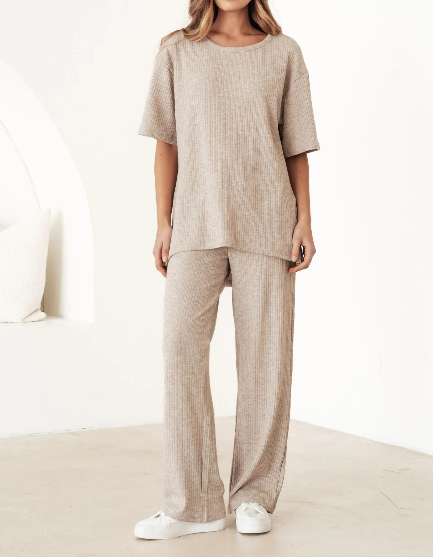 Nash Relaxed Fit Rib Knit Pants in Beige