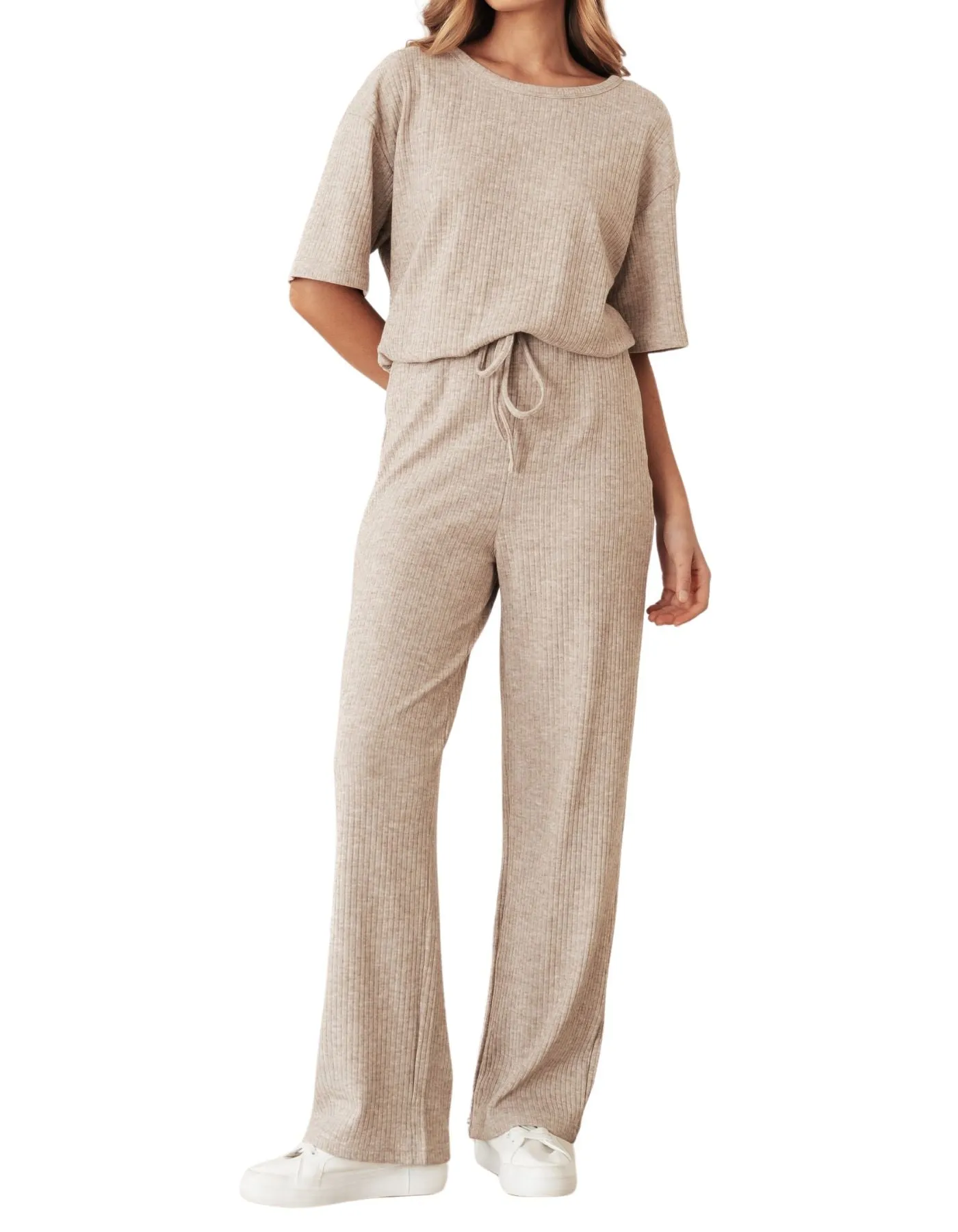 Nash Relaxed Fit Rib Knit Pants in Beige