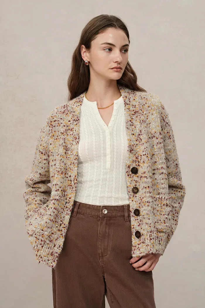 Nika Zodiac Jacquard Knit Cardigan in Wool Mohair Pom Pom Knit