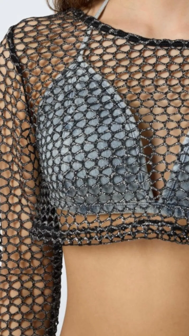 NM DANICA LS LUREX CROP TOP - BLACK/SILVER
