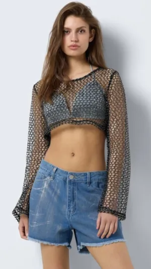 NM DANICA LS LUREX CROP TOP - BLACK/SILVER