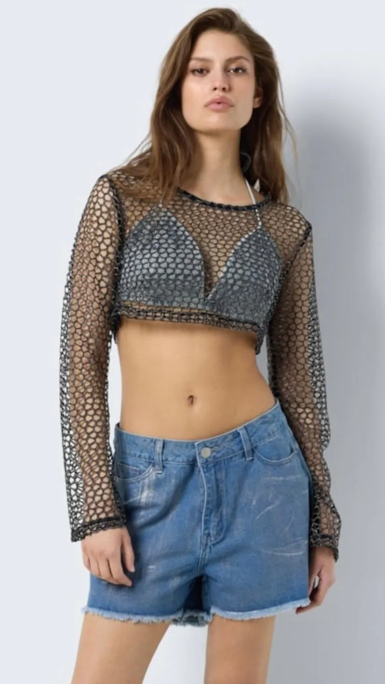 NM DANICA LS LUREX CROP TOP - BLACK/SILVER