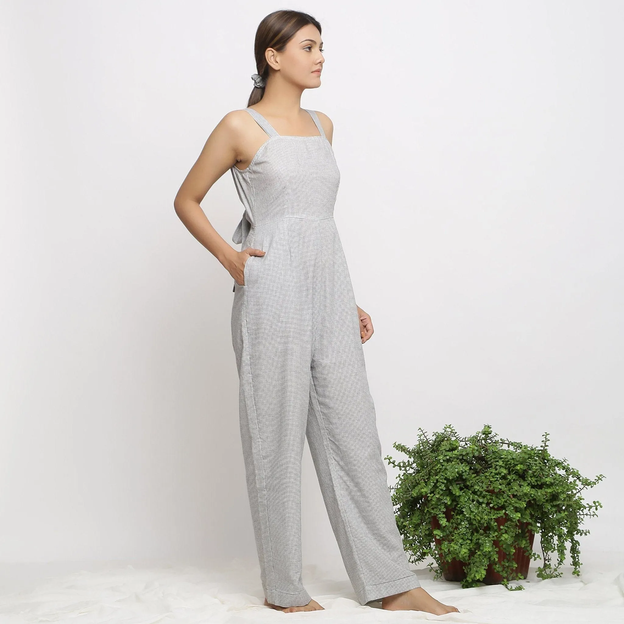 Off-White Checks Handwoven Cotton Strap Sleeve Jumpsuit