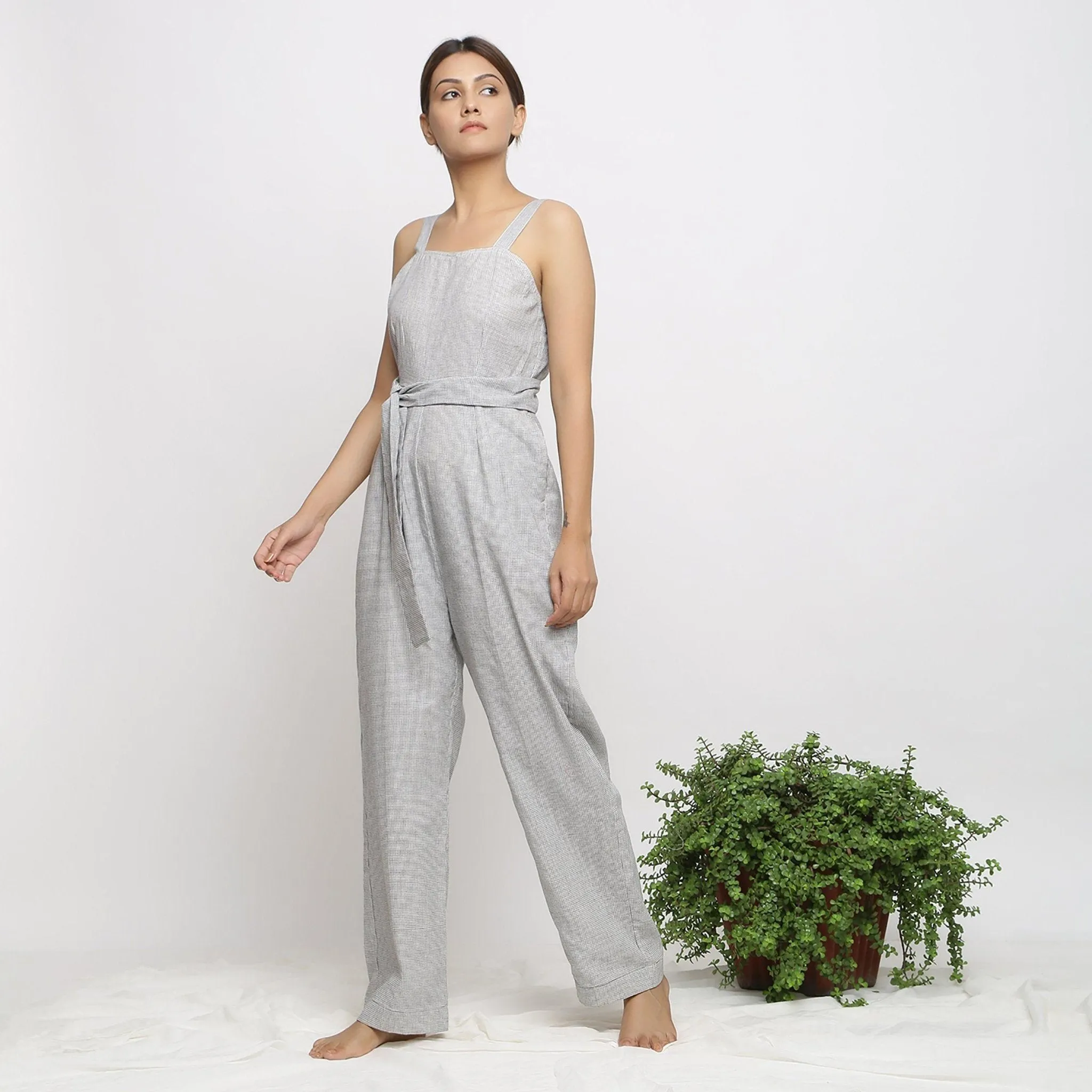 Off-White Checks Handwoven Cotton Strap Sleeve Jumpsuit