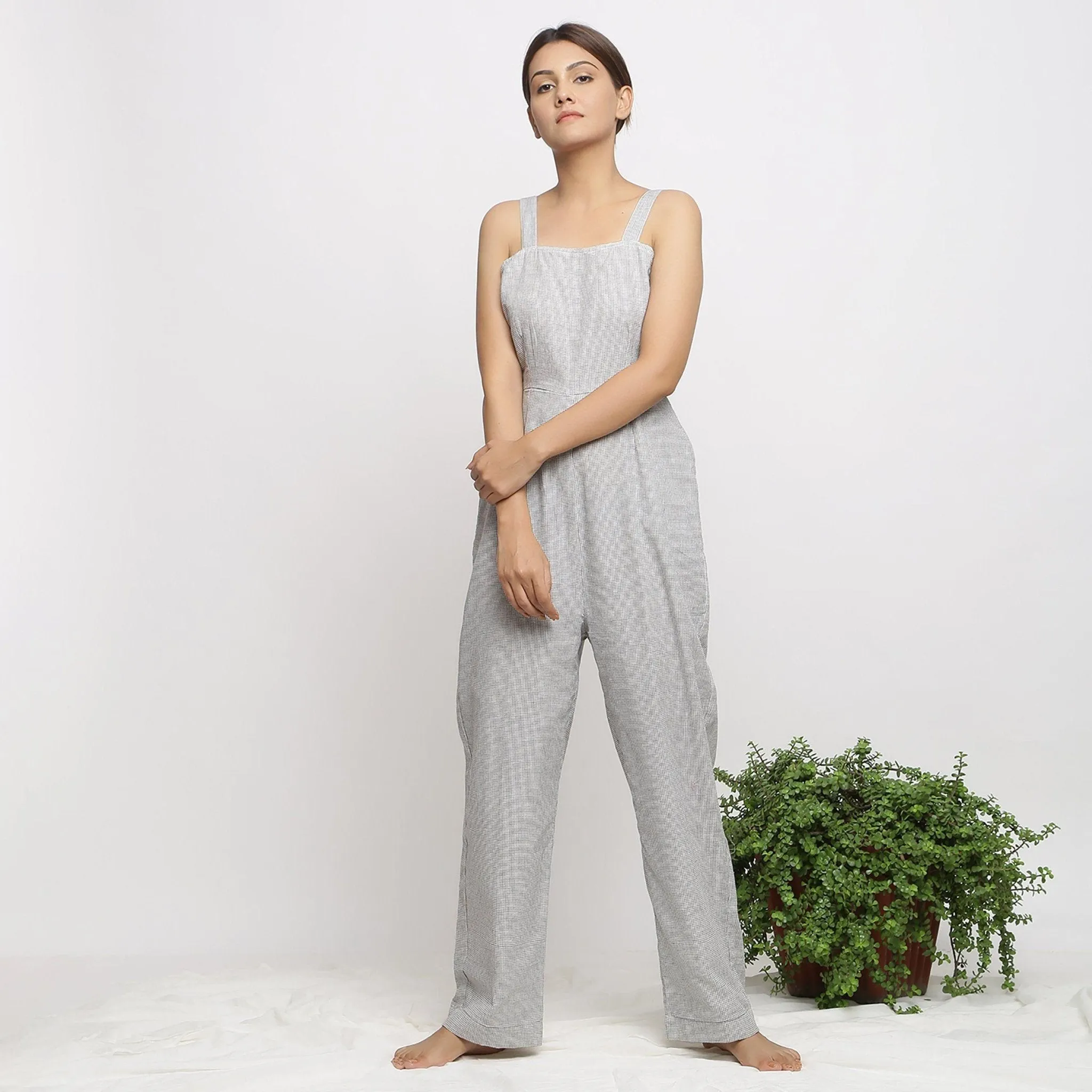 Off-White Checks Handwoven Cotton Strap Sleeve Jumpsuit