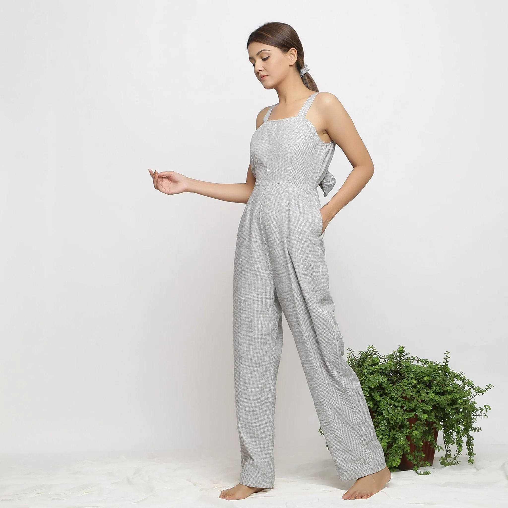 Off-White Checks Handwoven Cotton Strap Sleeve Jumpsuit