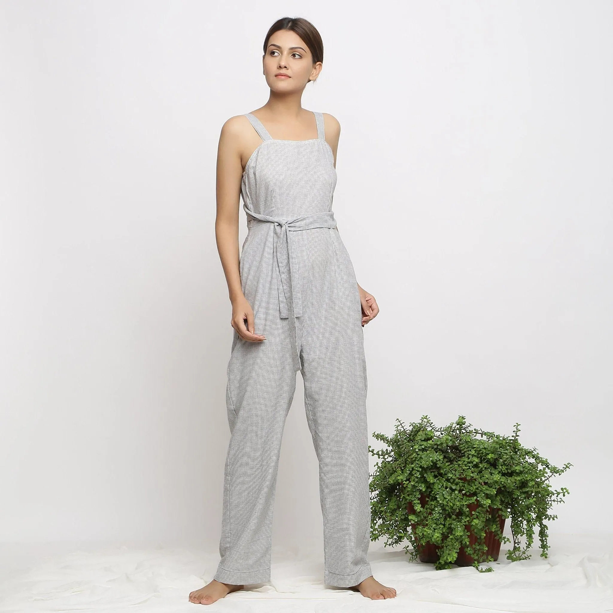 Off-White Checks Handwoven Cotton Strap Sleeve Jumpsuit