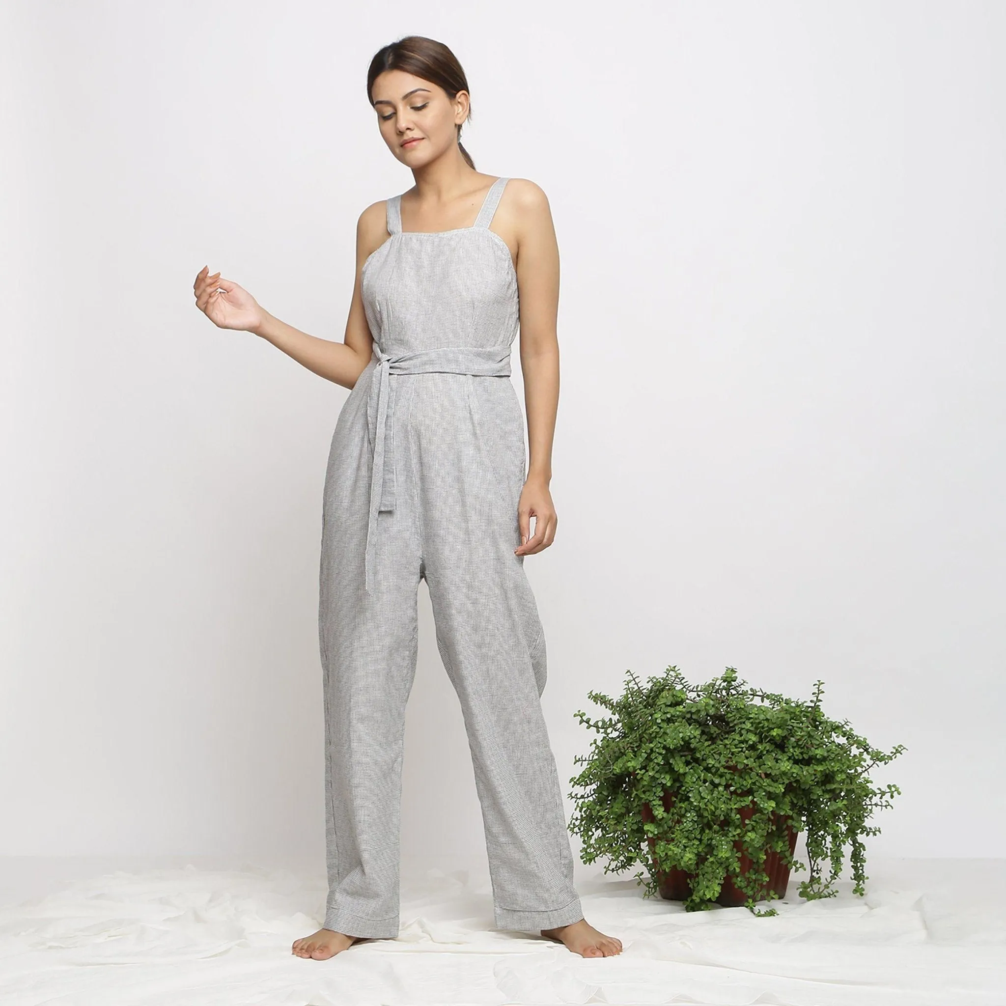 Off-White Checks Handwoven Cotton Strap Sleeve Jumpsuit