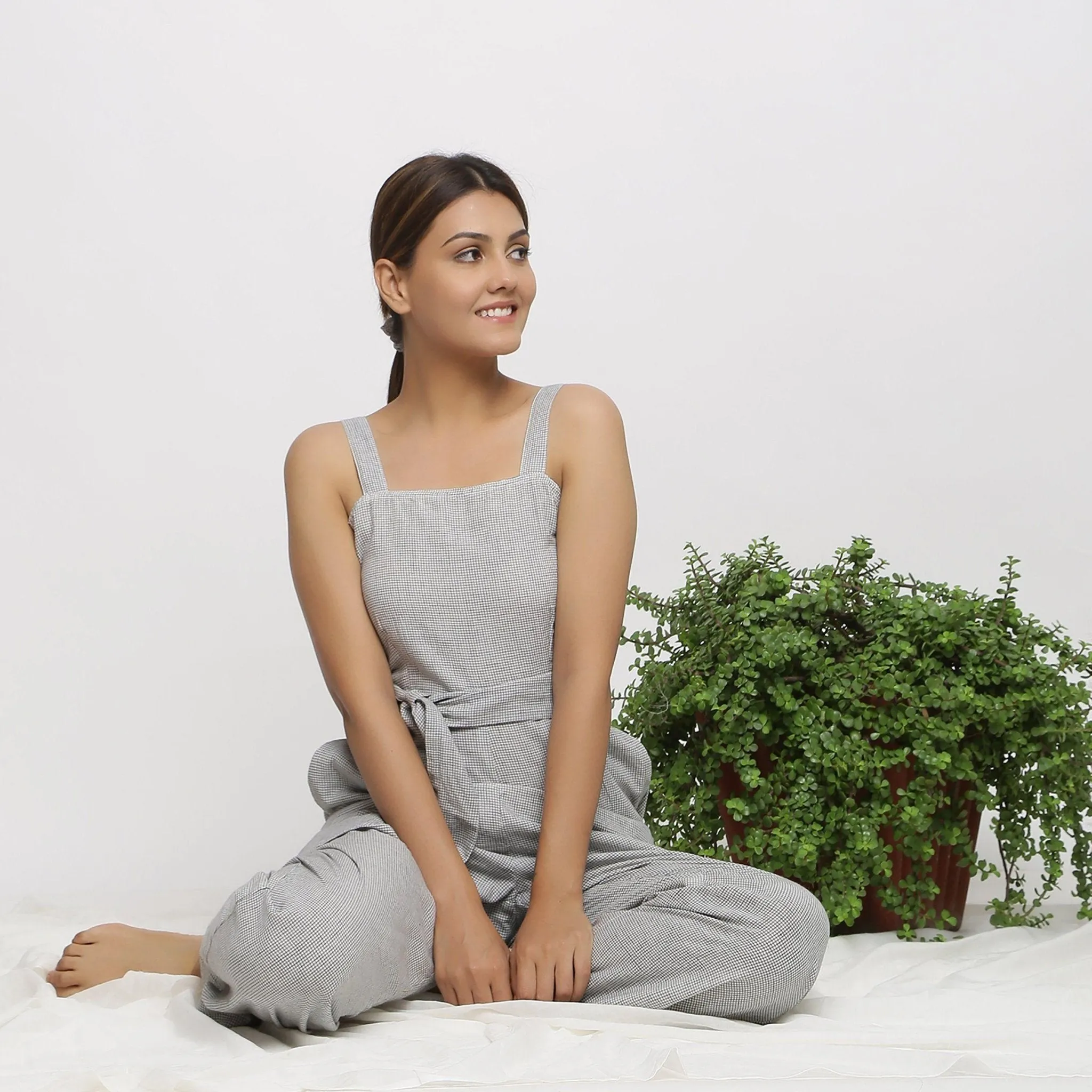 Off-White Checks Handwoven Cotton Strap Sleeve Jumpsuit