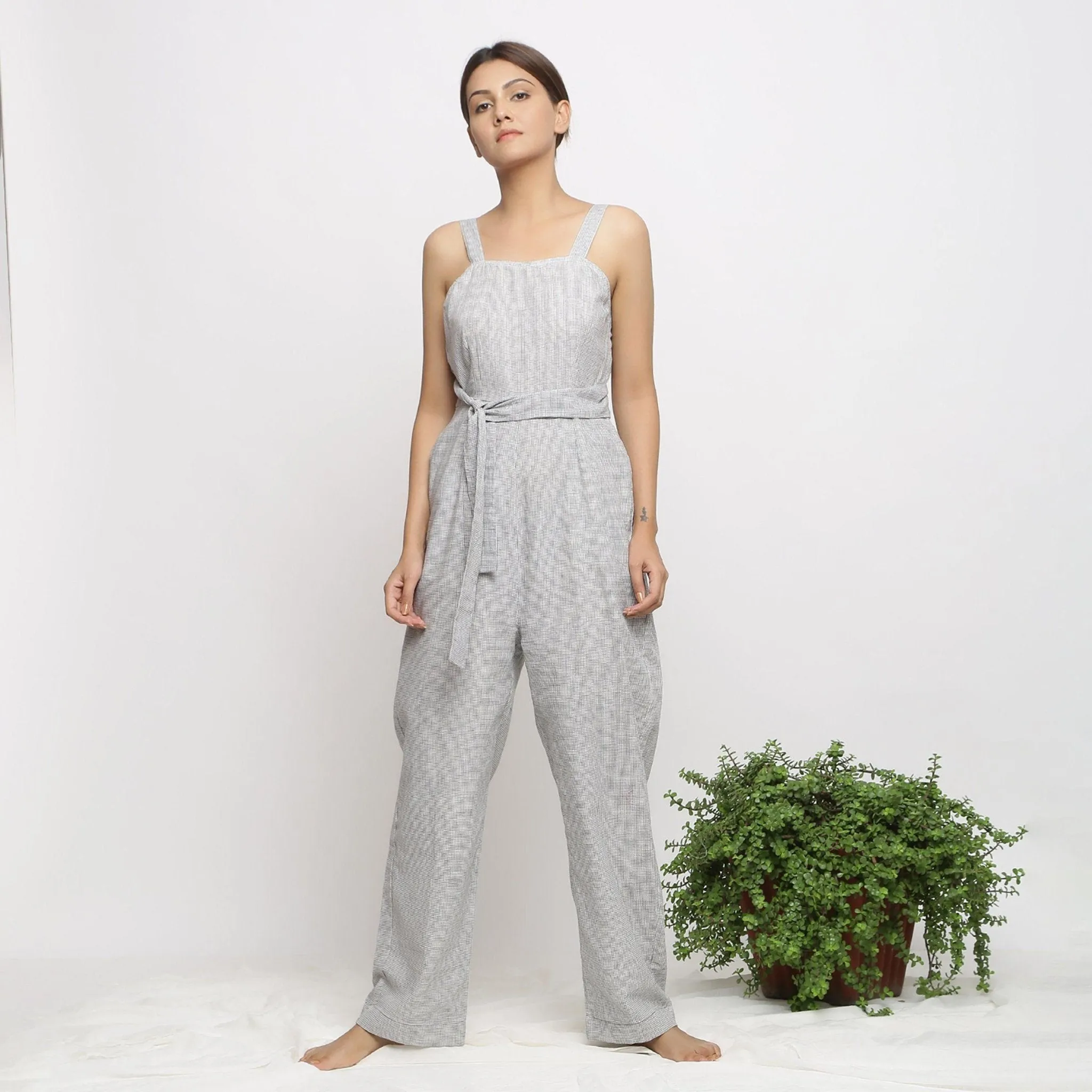 Off-White Checks Handwoven Cotton Strap Sleeve Jumpsuit