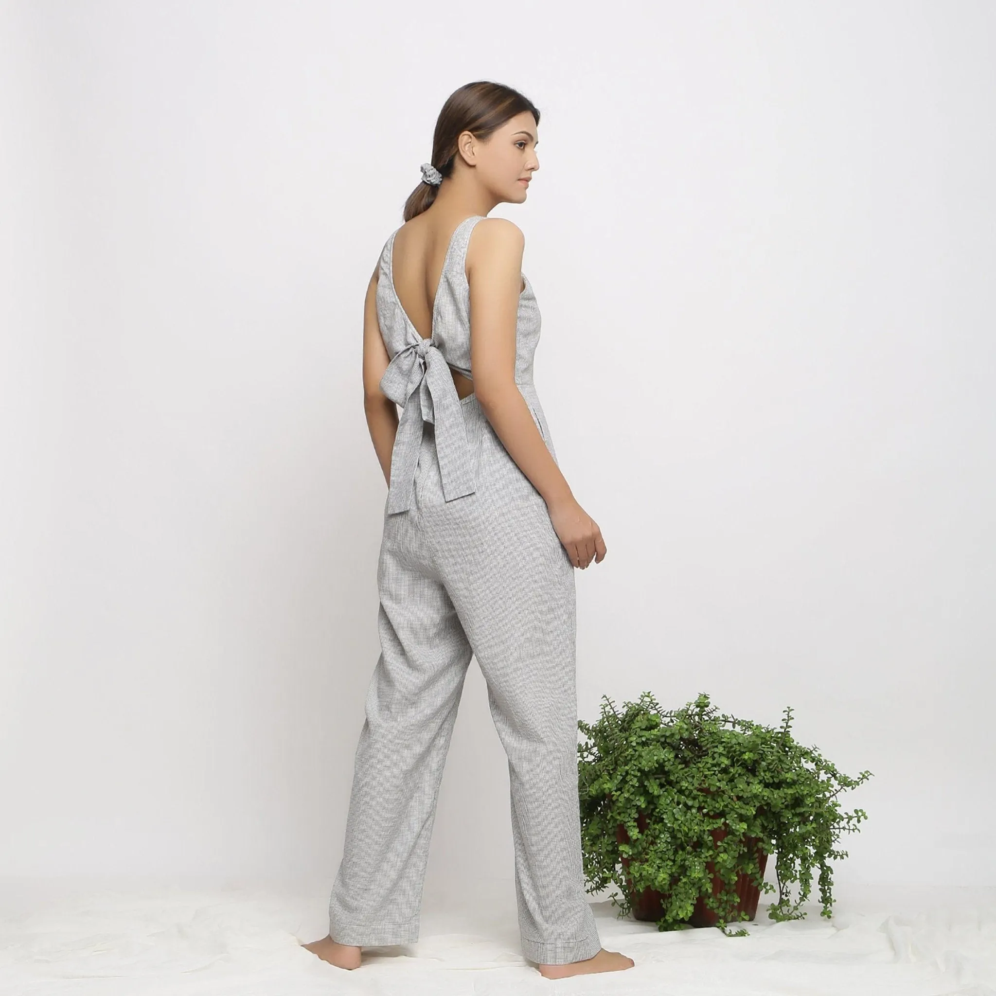 Off-White Checks Handwoven Cotton Strap Sleeve Jumpsuit