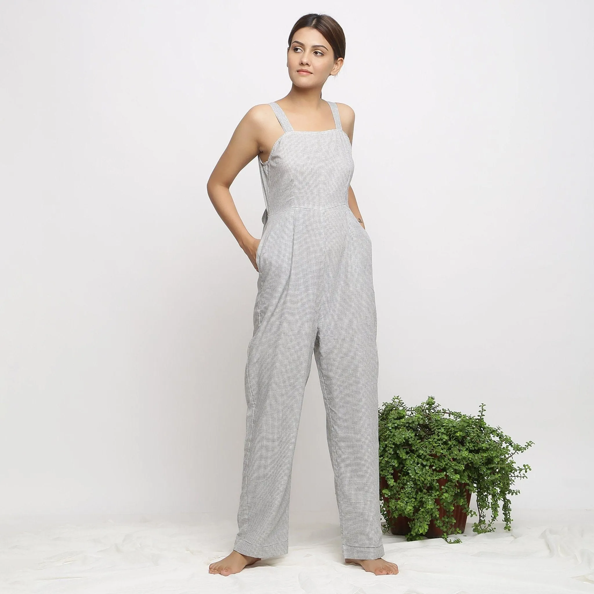 Off-White Checks Handwoven Cotton Strap Sleeve Jumpsuit