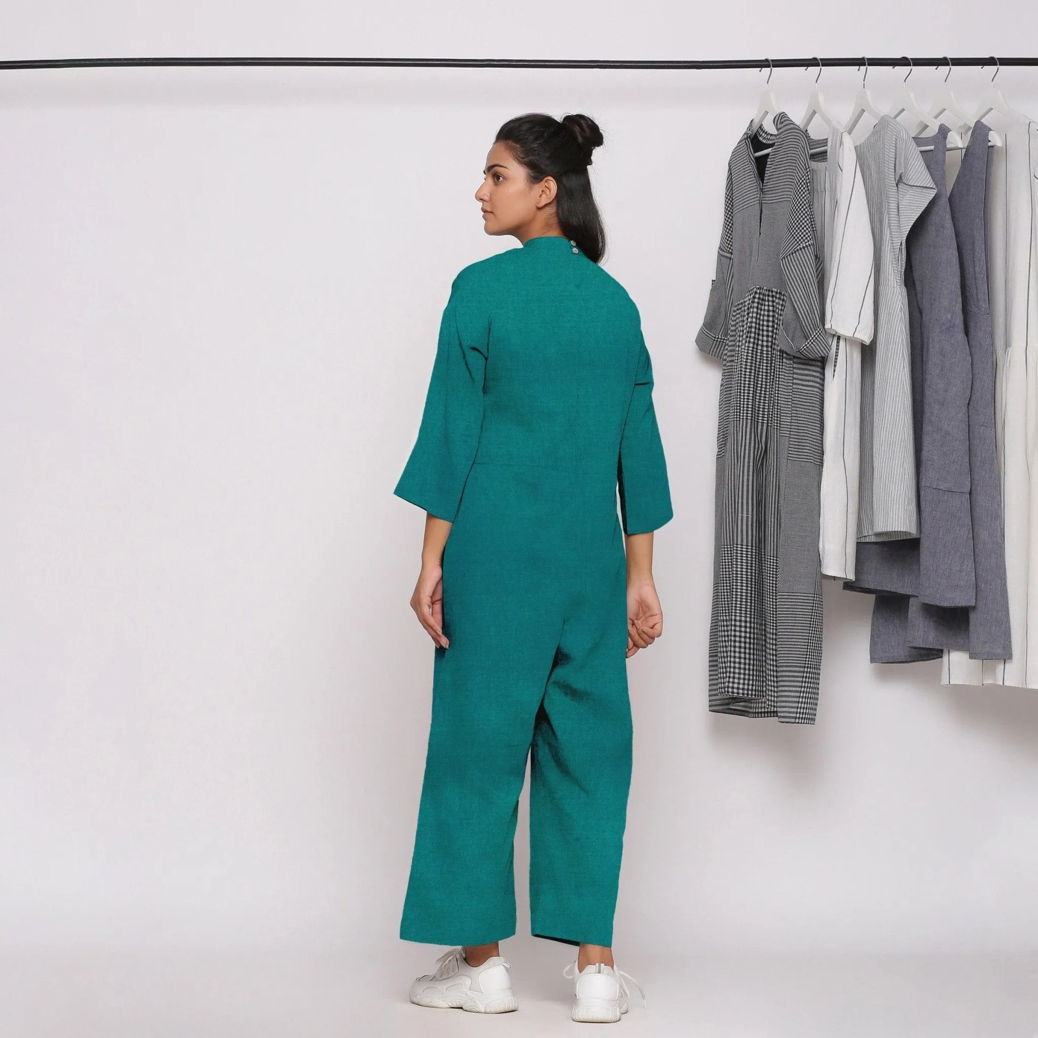 Pine Green 100% Linen Ankle Length High Neck Jumpsuit