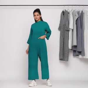 Pine Green 100% Linen Ankle Length High Neck Jumpsuit