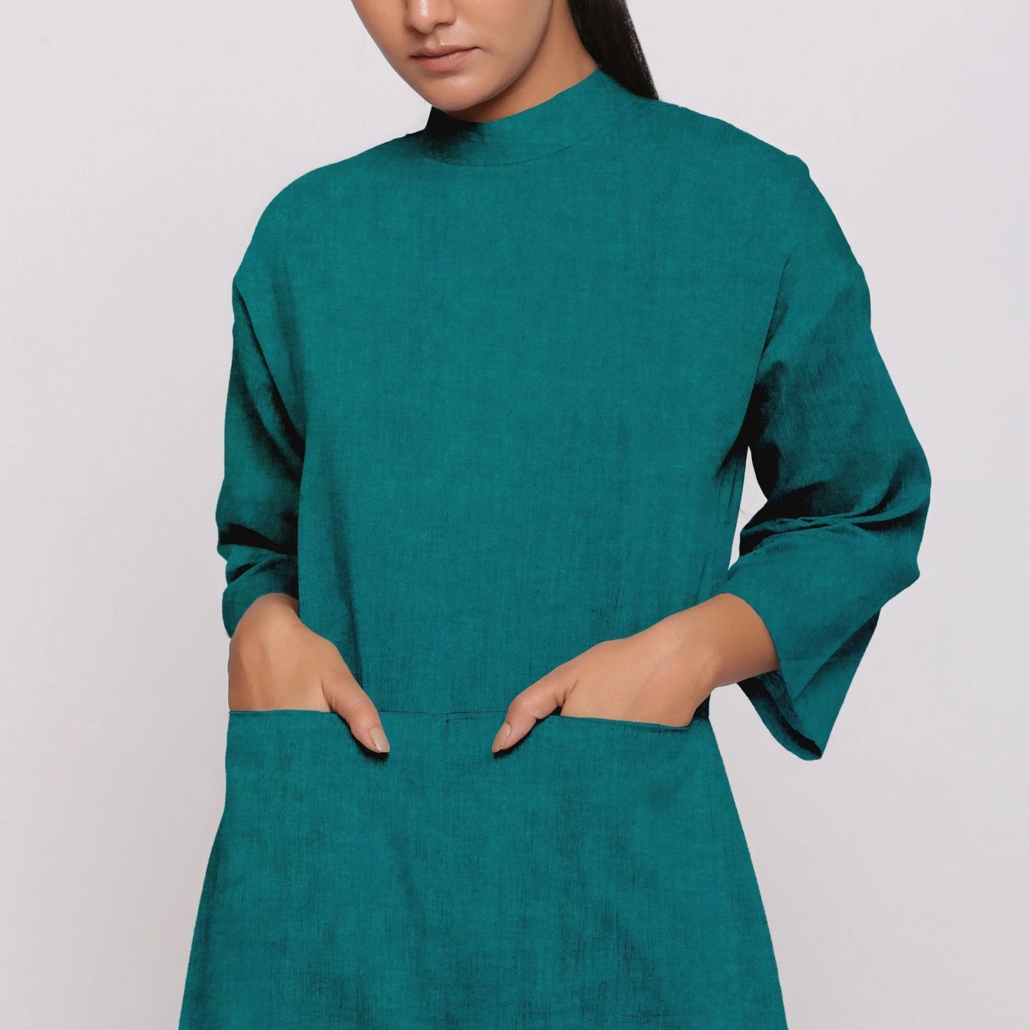 Pine Green 100% Linen Ankle Length High Neck Jumpsuit