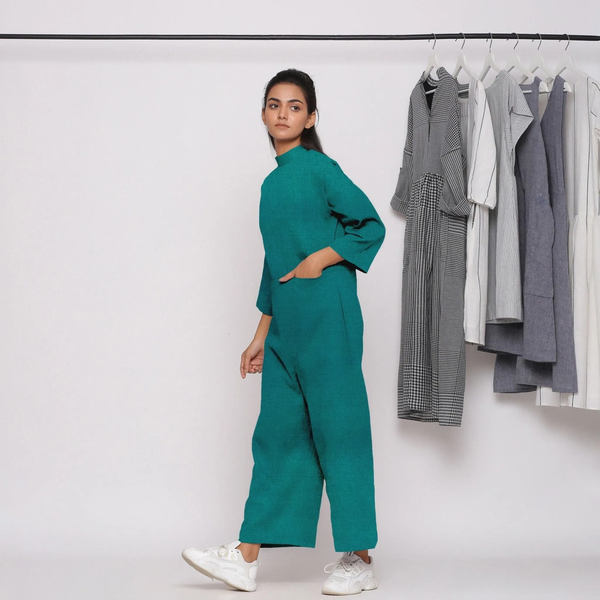 Pine Green 100% Linen Ankle Length High Neck Jumpsuit