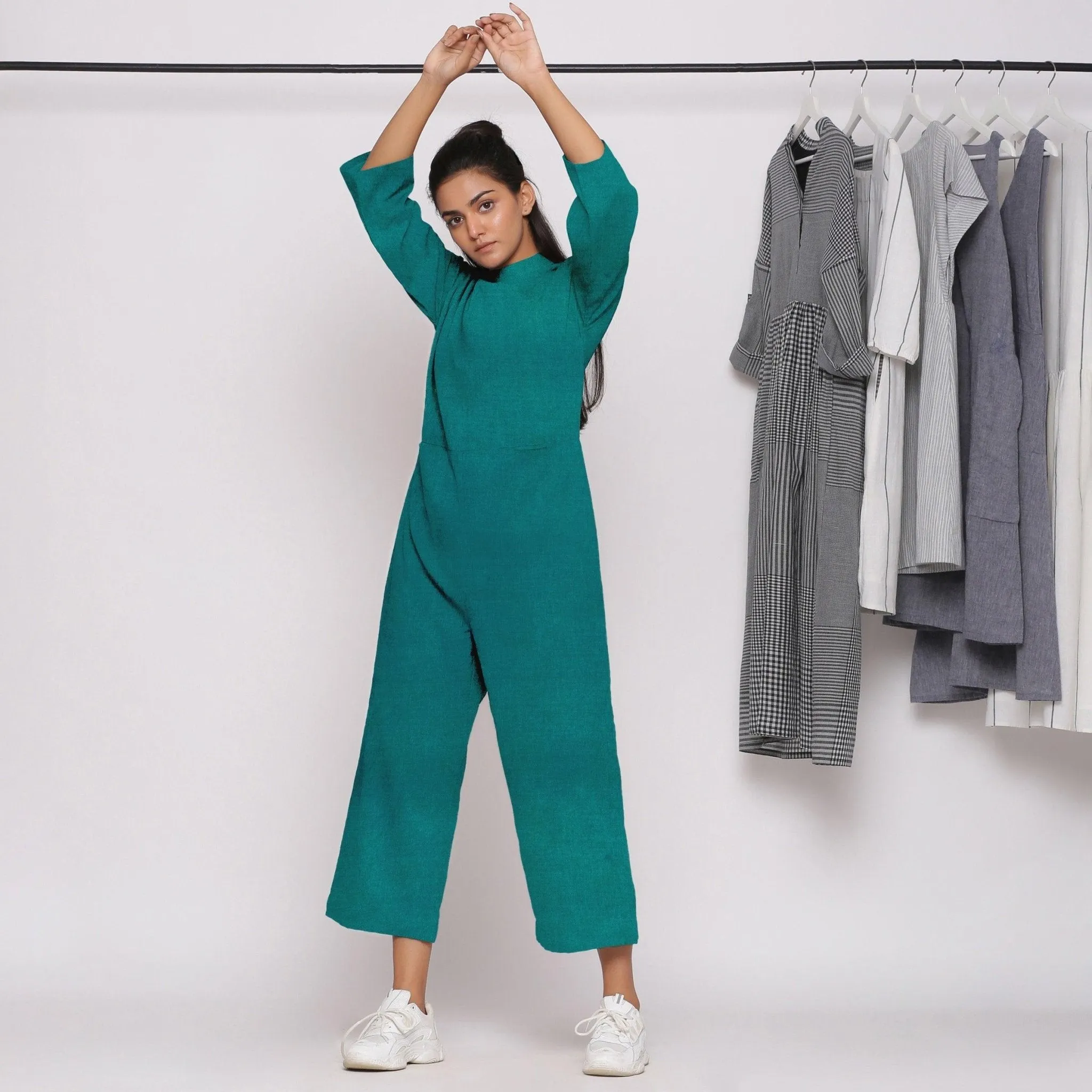 Pine Green 100% Linen Ankle Length High Neck Jumpsuit