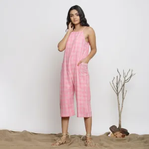 Pink Checks Handspun Cotton Strap Sleeve Midi Jumpsuit