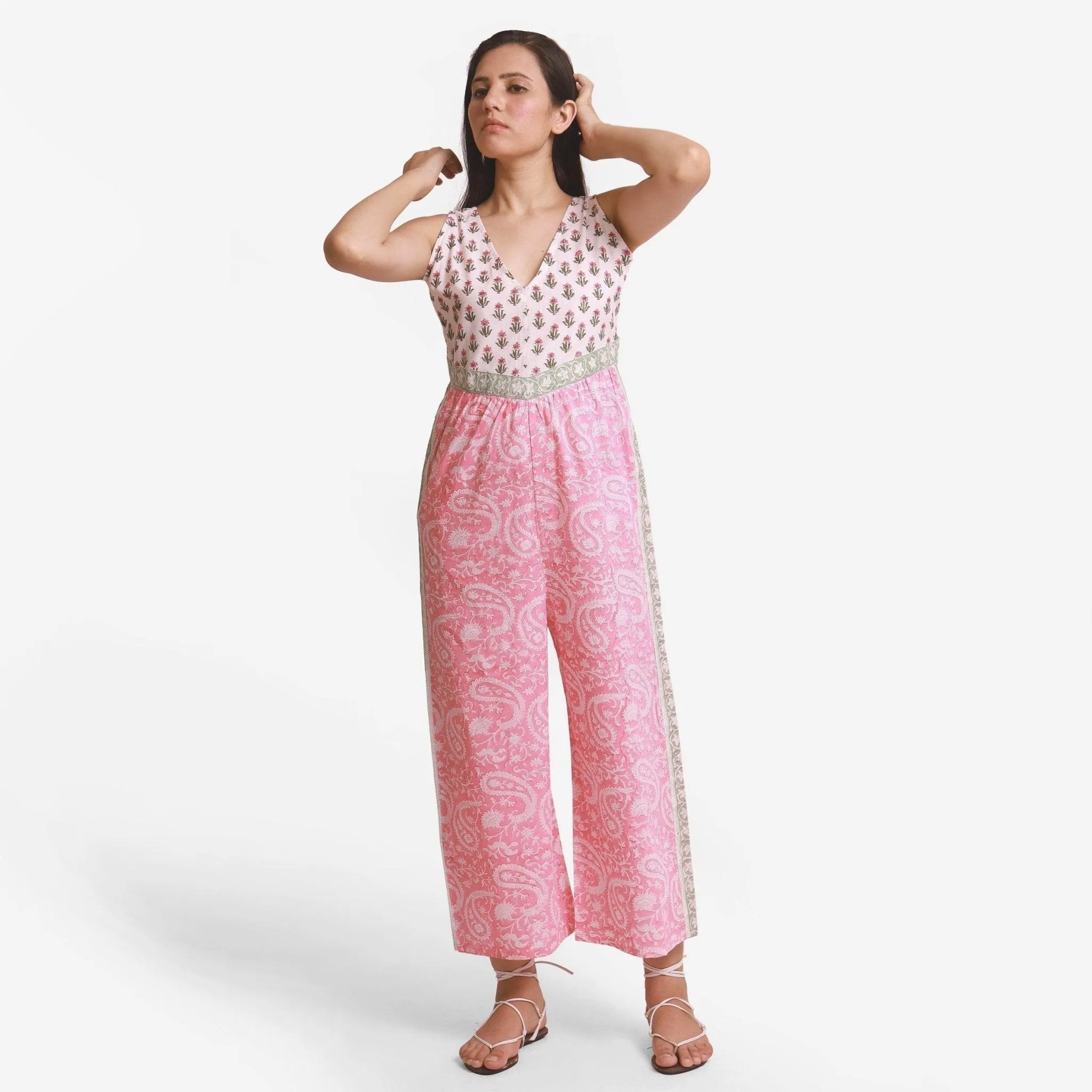 Pink Paisley Block Printed Ankle Length Cotton Jumpsuit