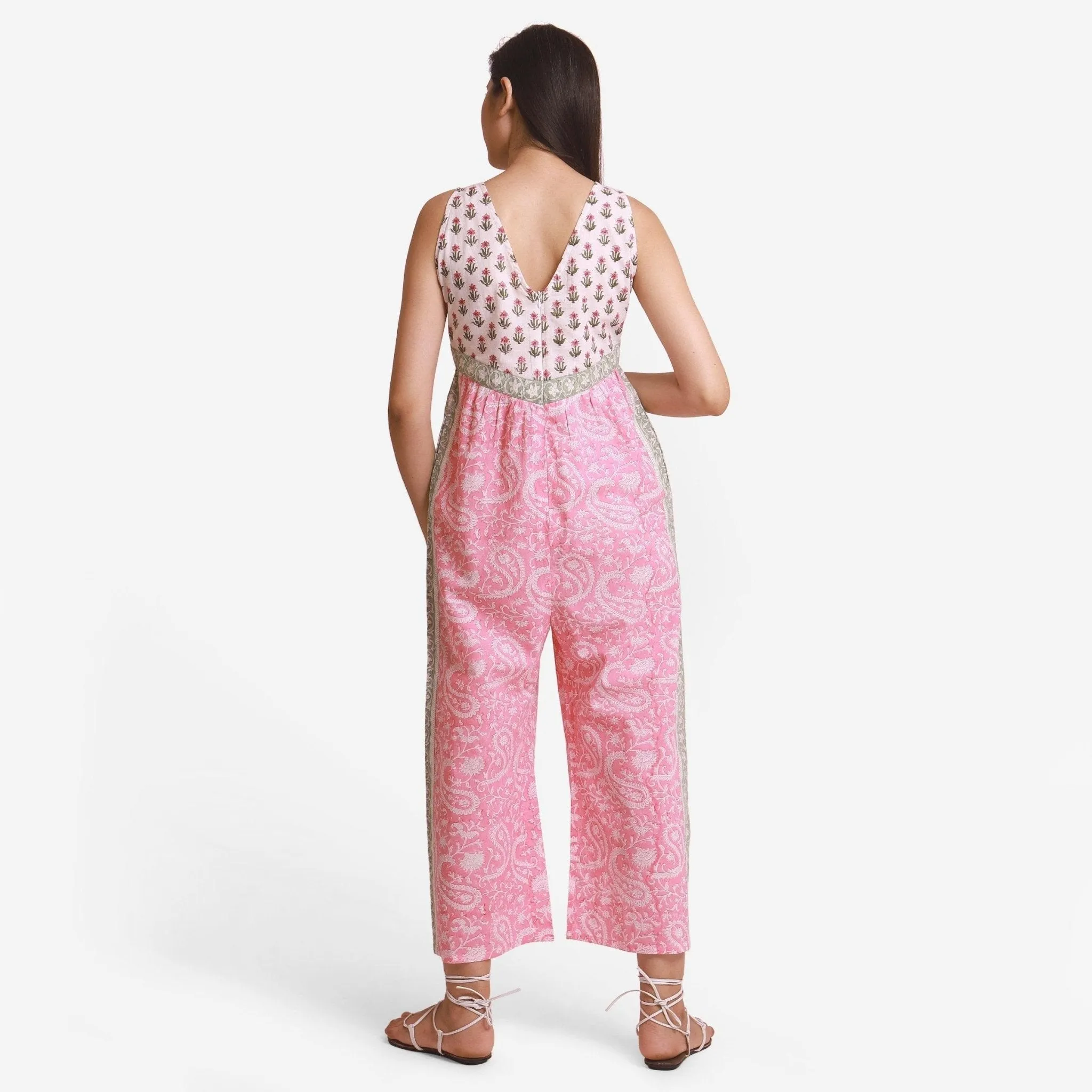 Pink Paisley Block Printed Ankle Length Cotton Jumpsuit