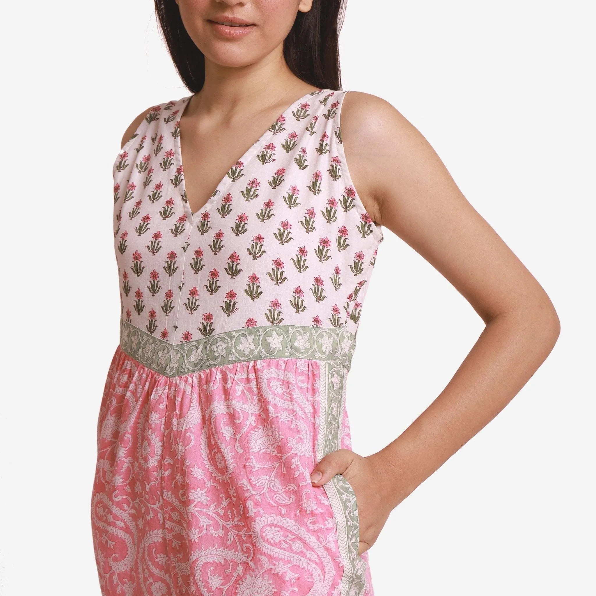 Pink Paisley Block Printed Ankle Length Cotton Jumpsuit