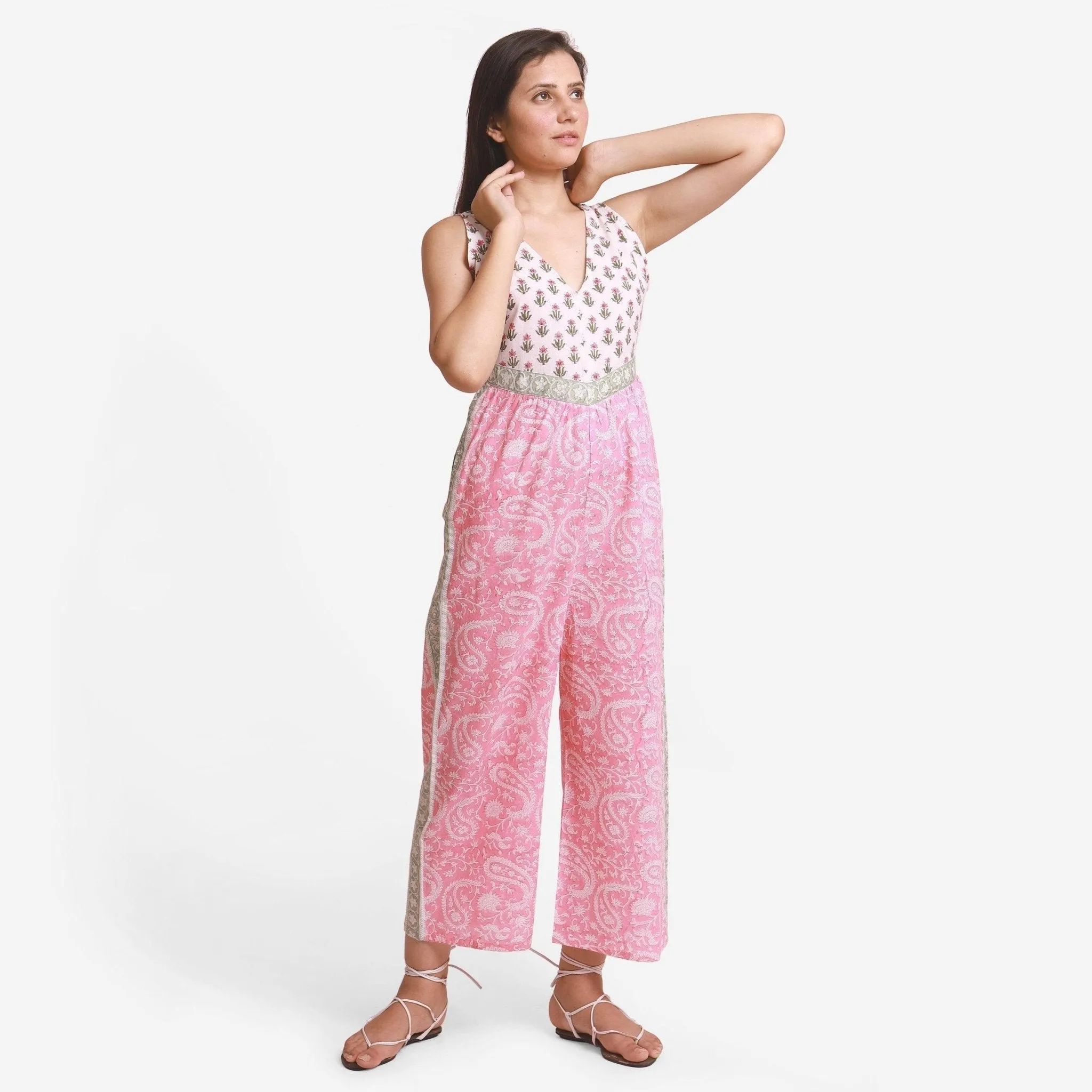 Pink Paisley Block Printed Ankle Length Cotton Jumpsuit