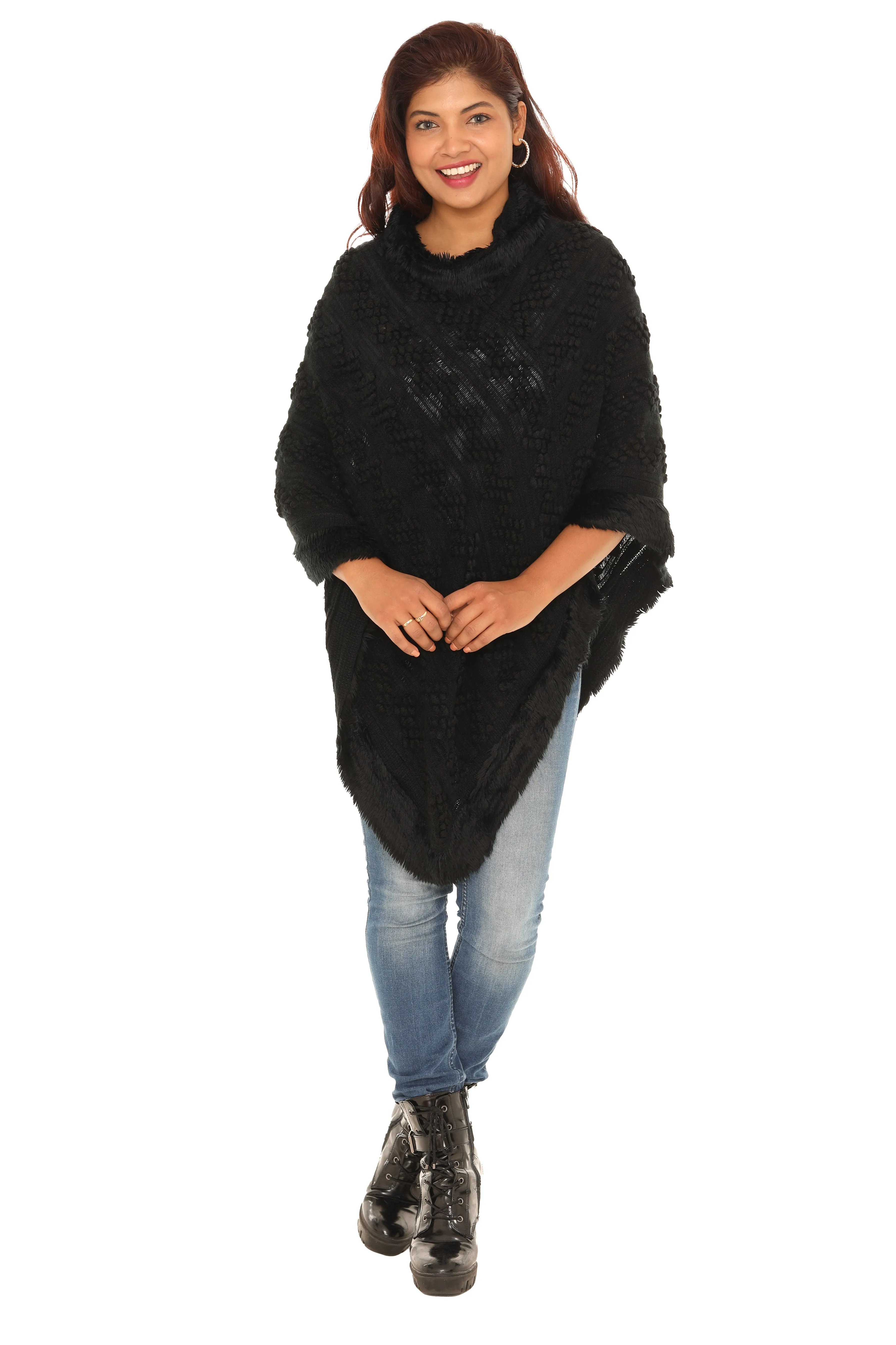 Popcorn Faux Fur Cowl-Neck Poncho