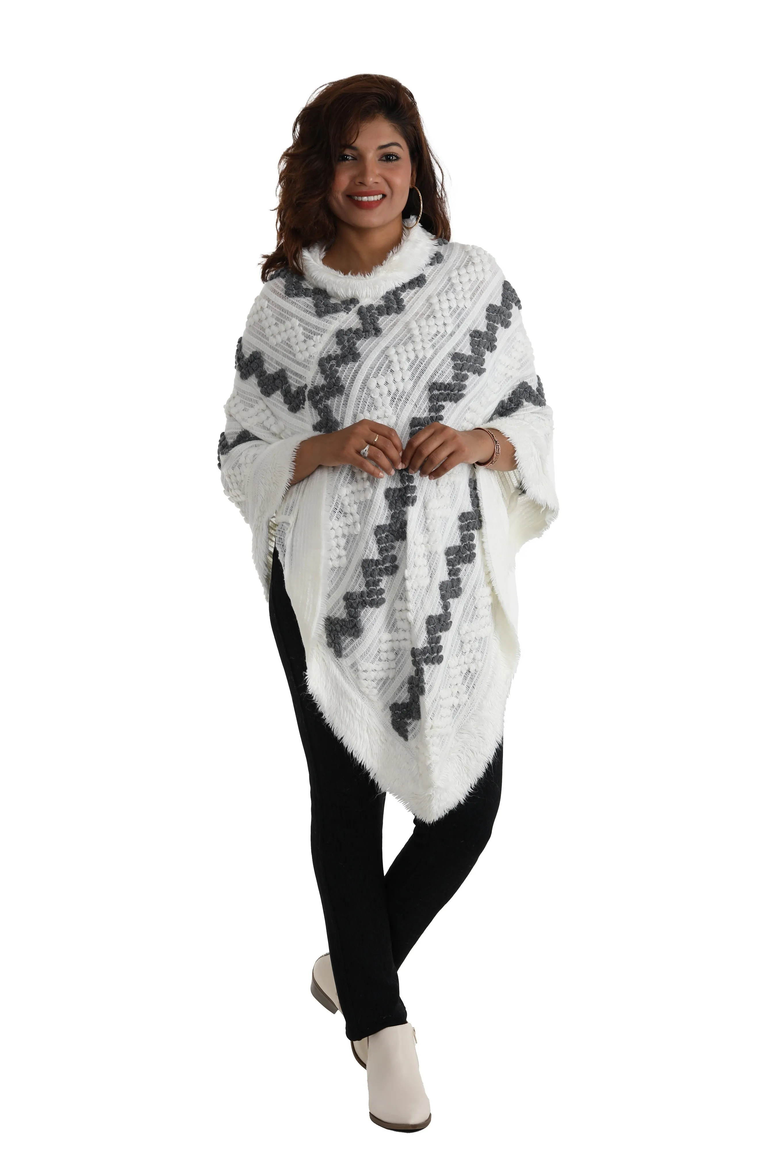 Popcorn Faux Fur Cowl-Neck Poncho