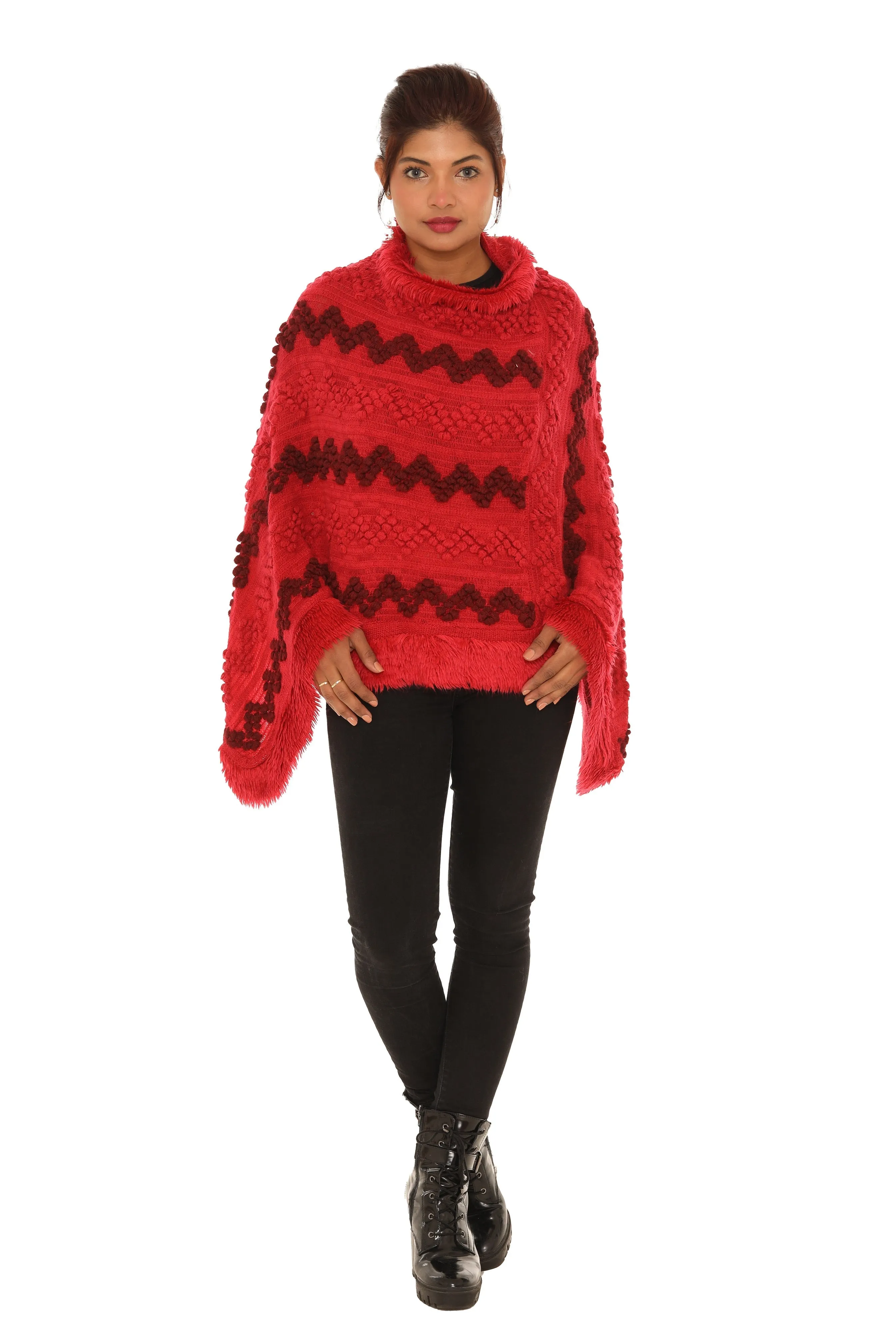 Popcorn Faux Fur Cowl-Neck Poncho