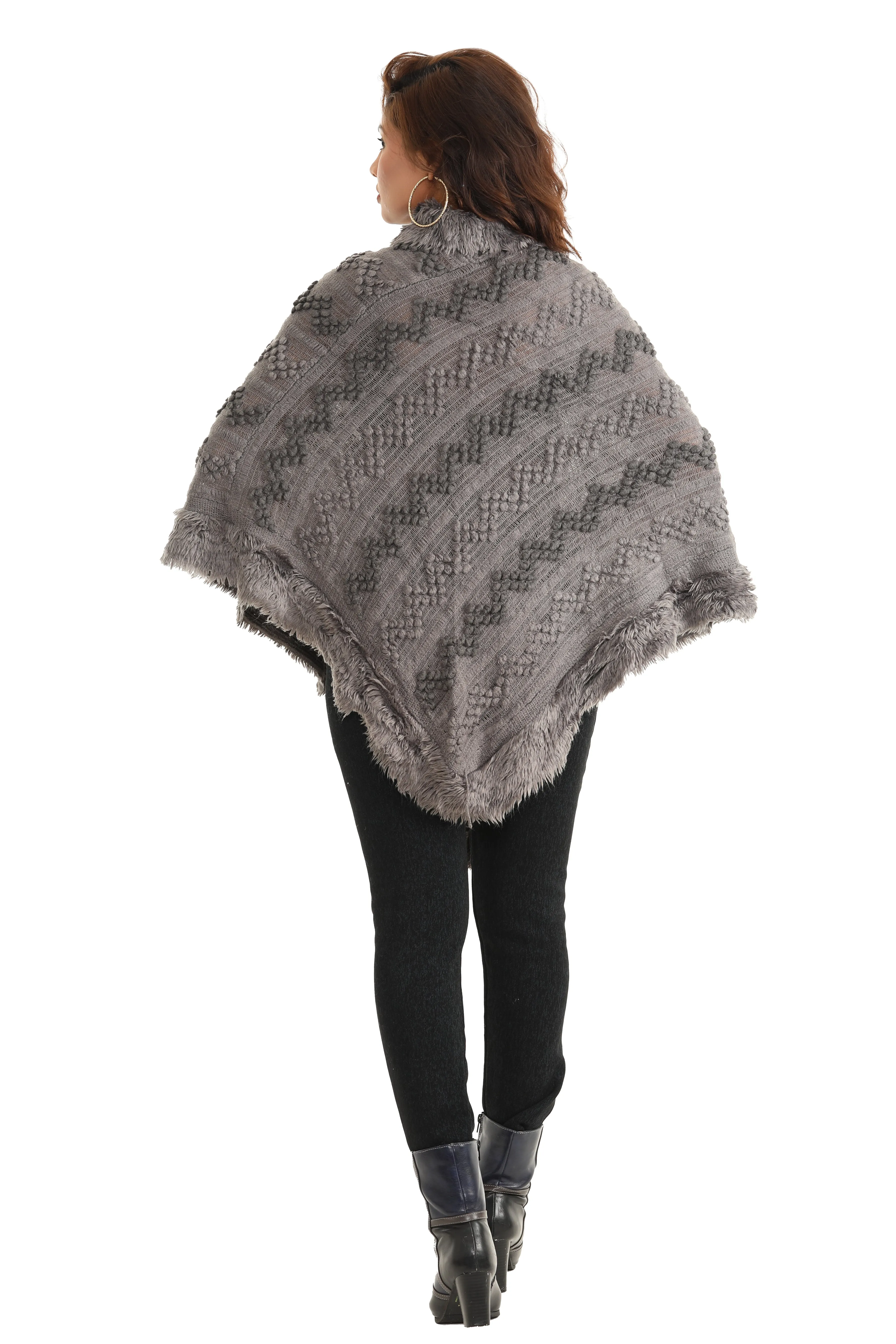 Popcorn Faux Fur Cowl-Neck Poncho