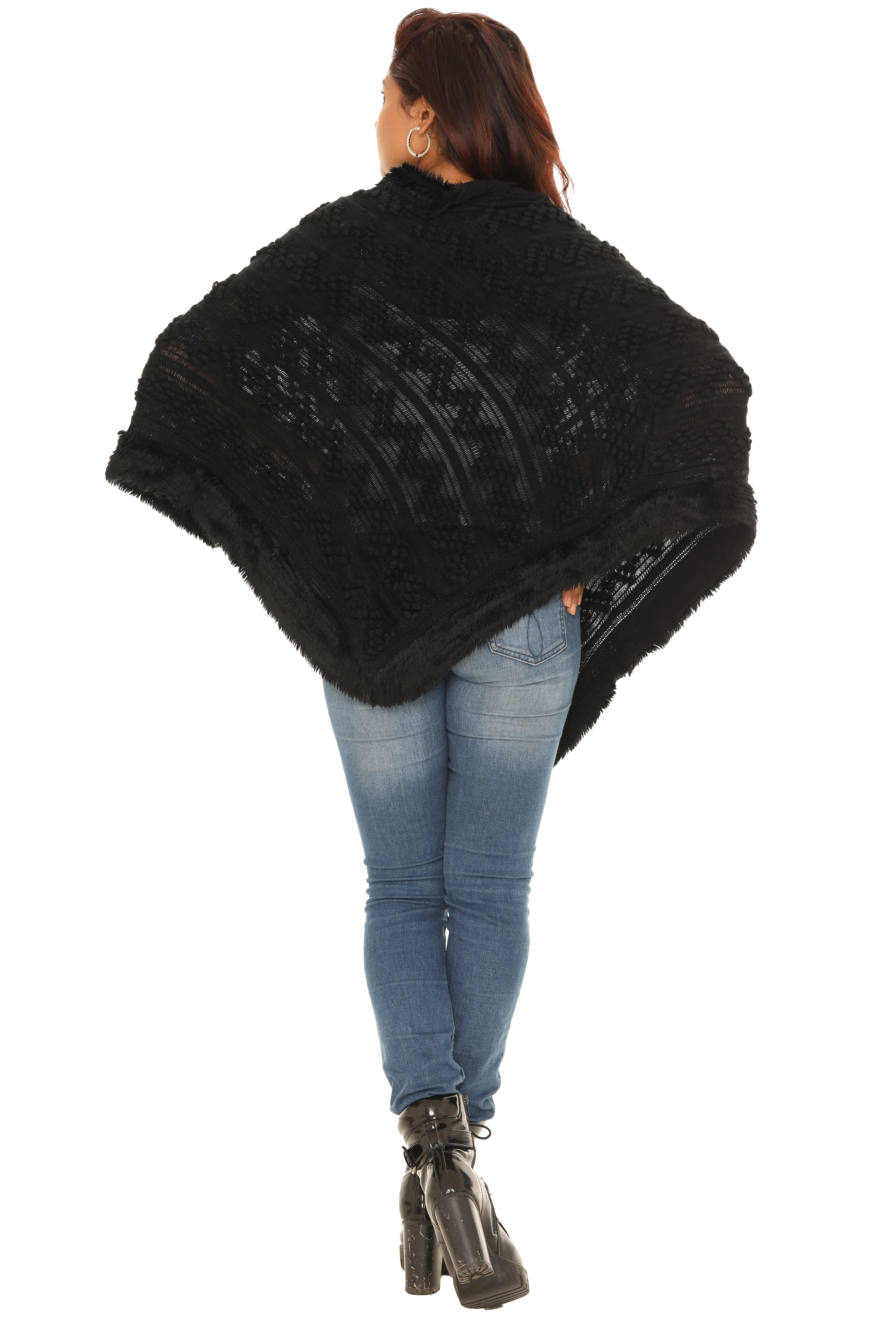 Popcorn Faux Fur Cowl-Neck Poncho