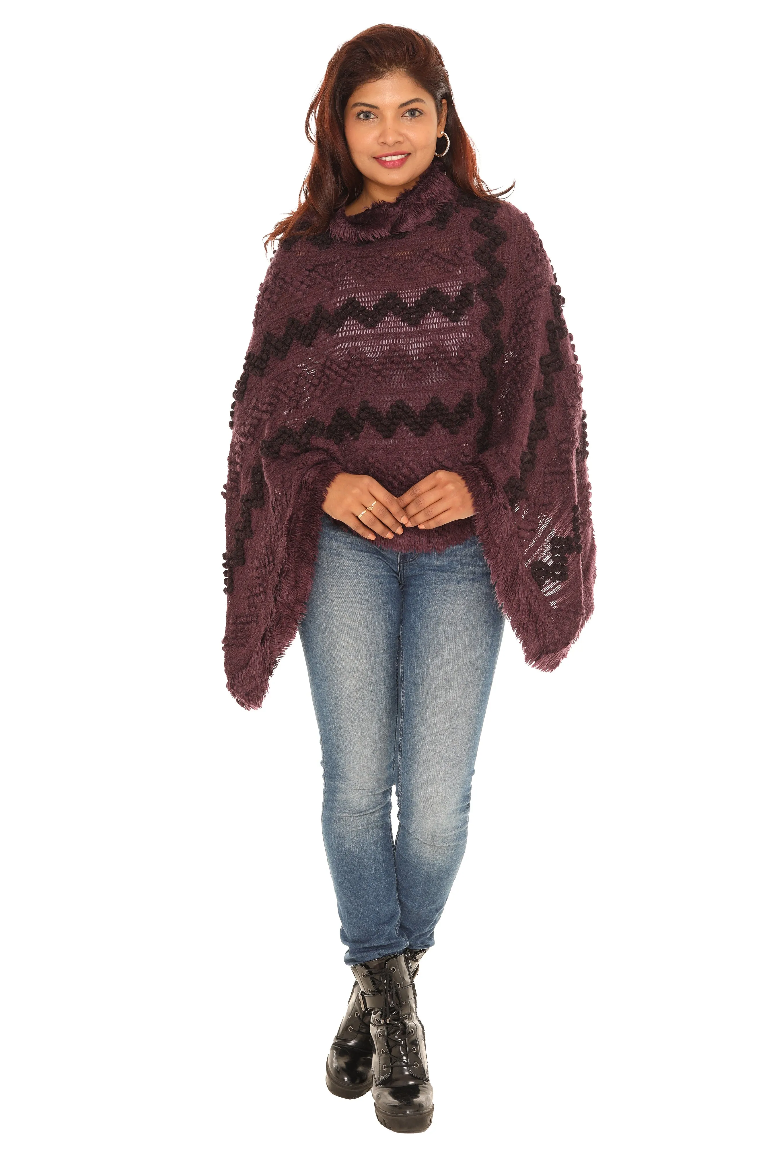 Popcorn Faux Fur Cowl-Neck Poncho