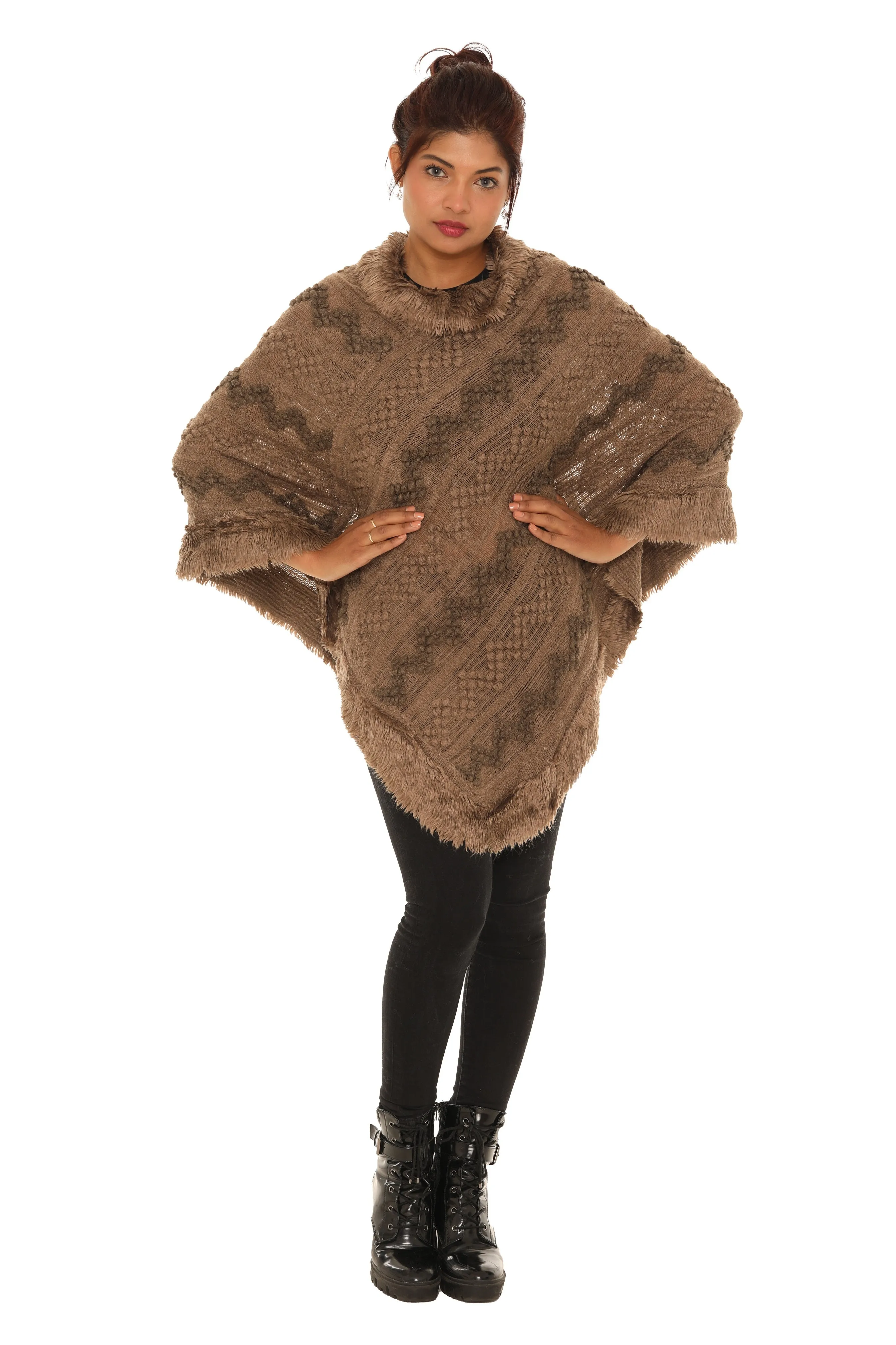 Popcorn Faux Fur Cowl-Neck Poncho