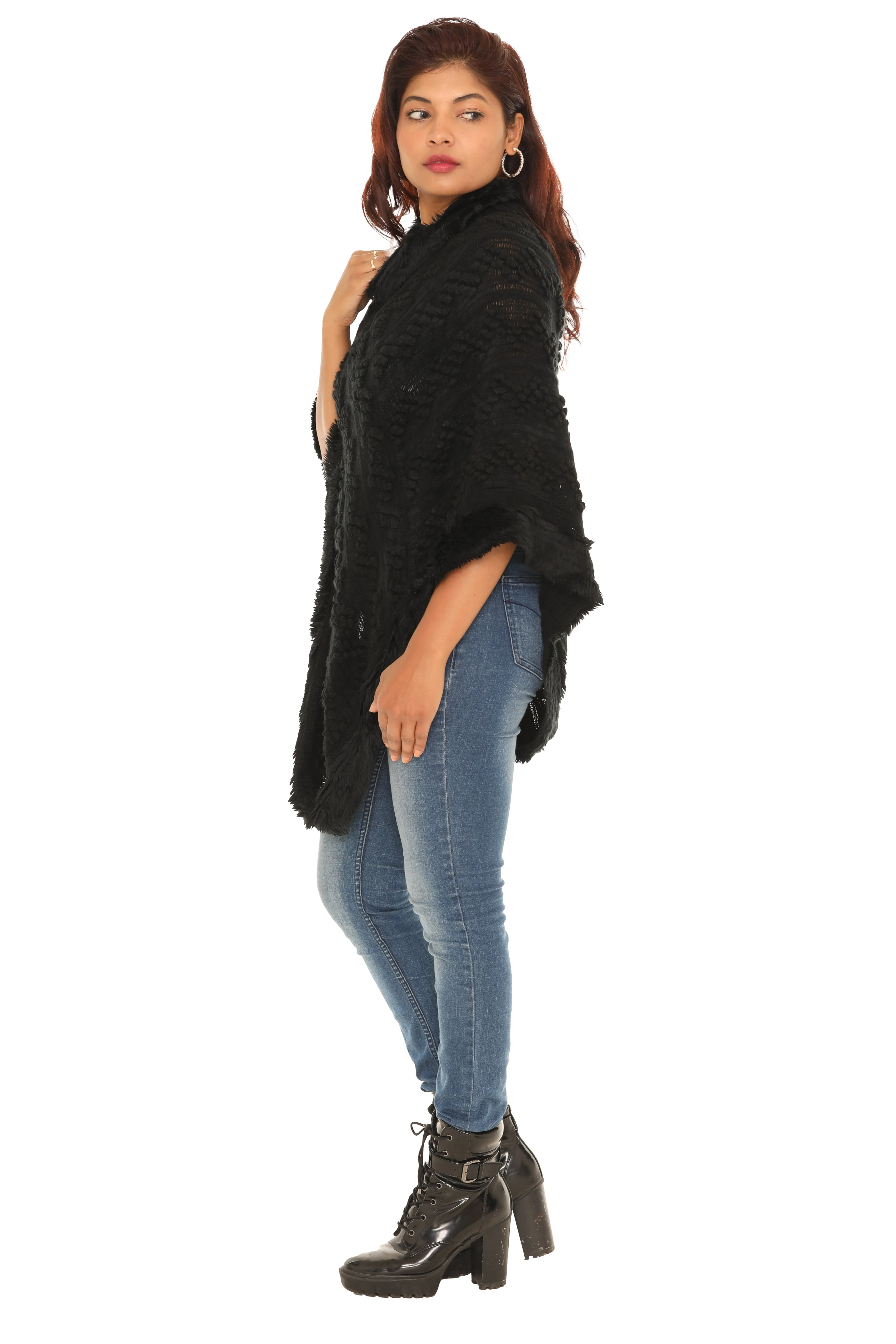 Popcorn Faux Fur Cowl-Neck Poncho