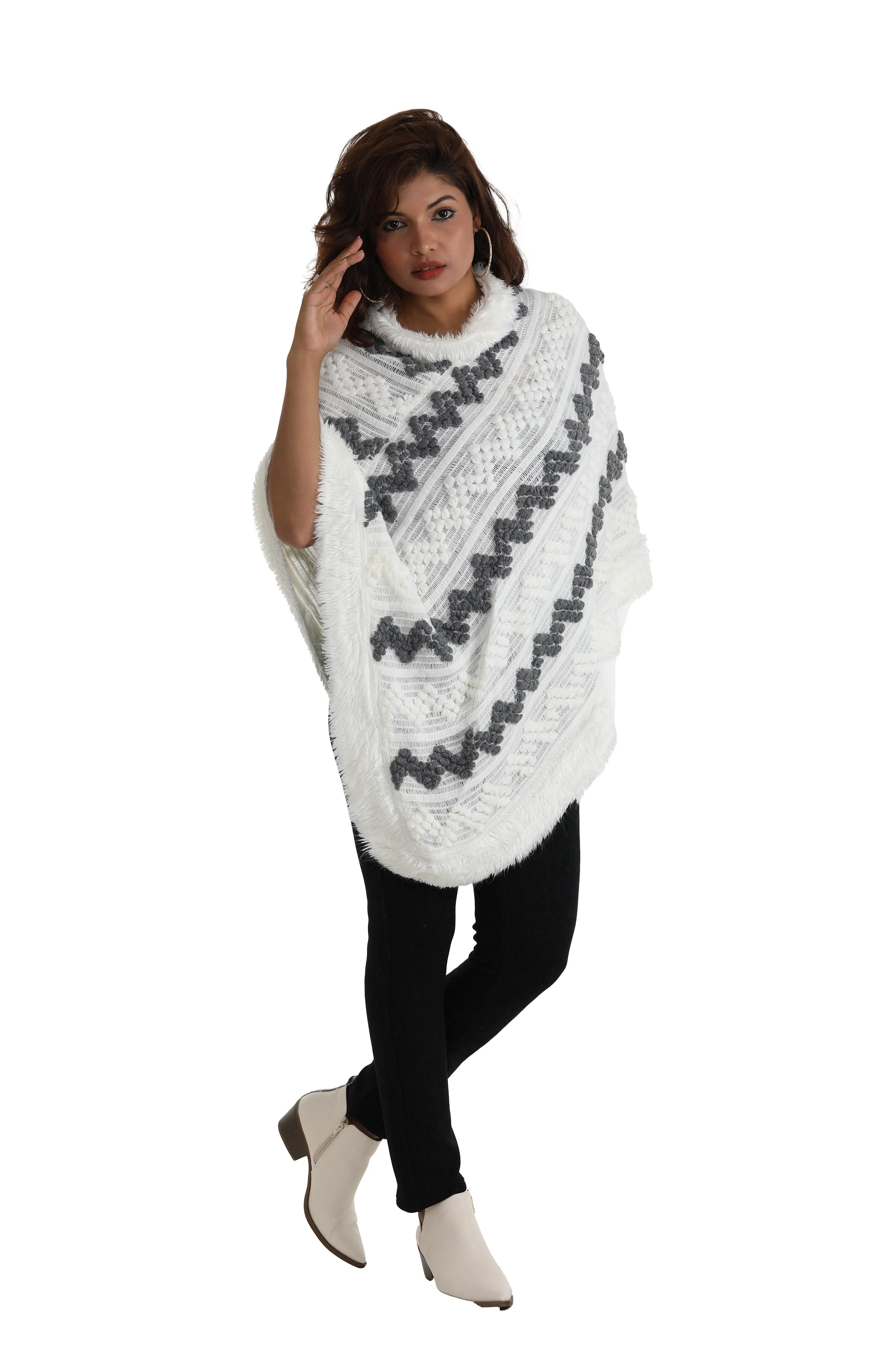 Popcorn Faux Fur Cowl-Neck Poncho