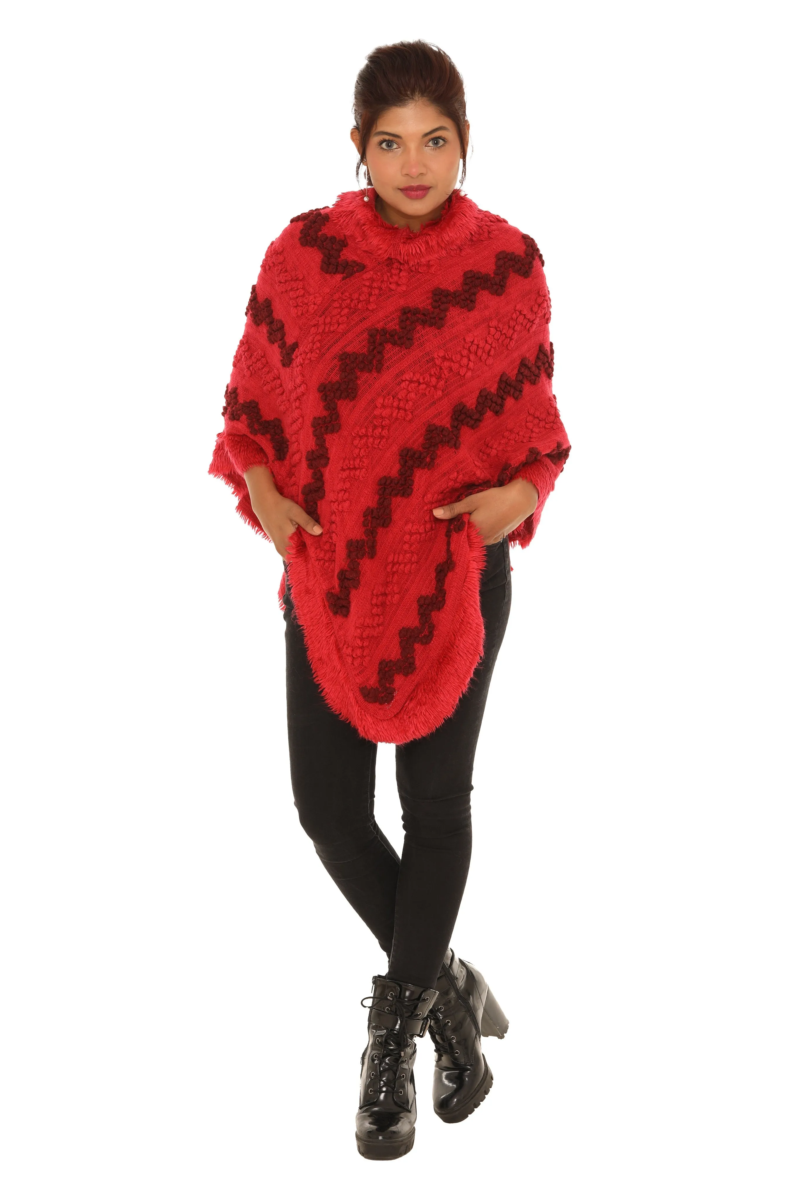 Popcorn Faux Fur Cowl-Neck Poncho