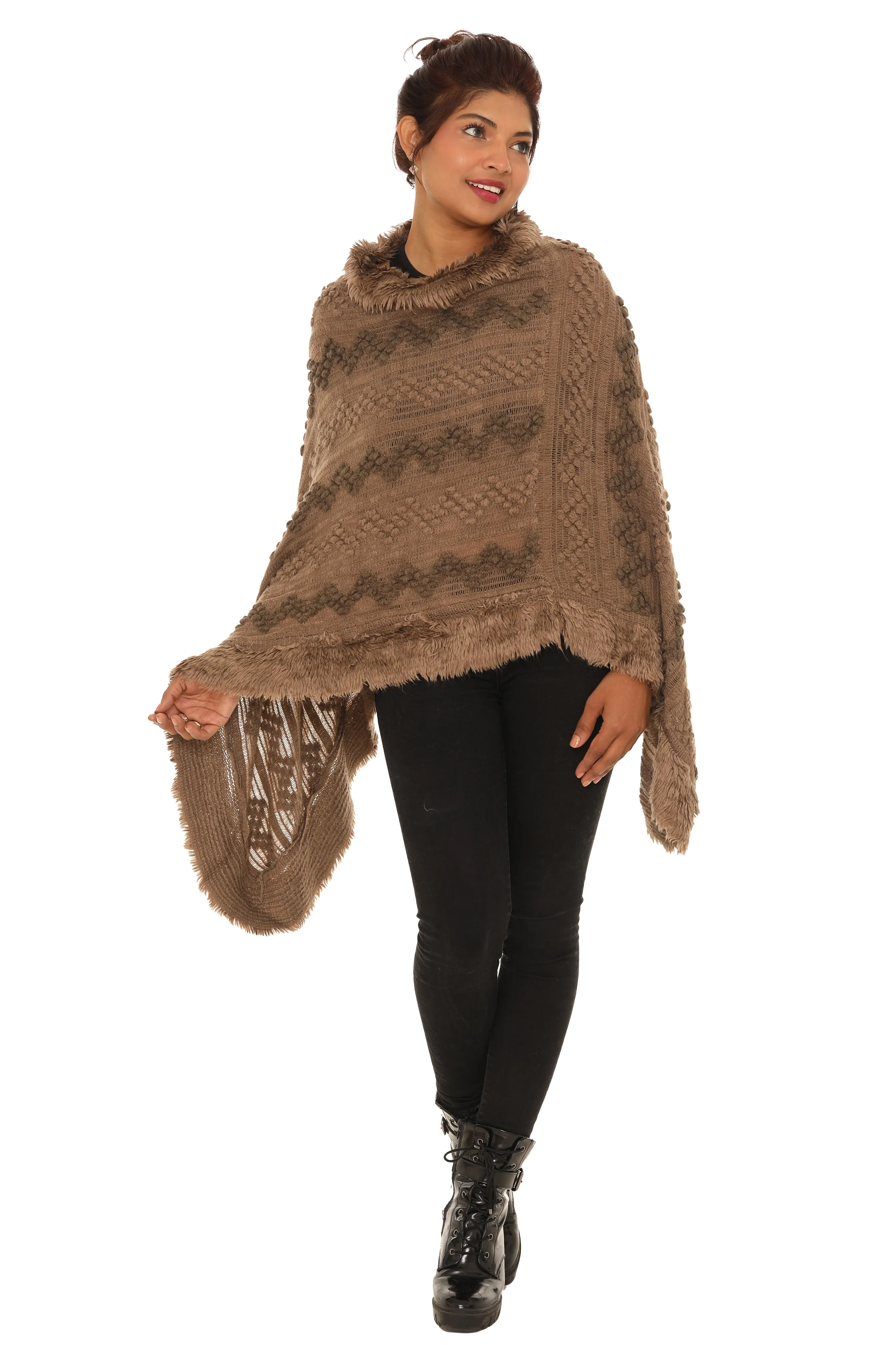 Popcorn Faux Fur Cowl-Neck Poncho