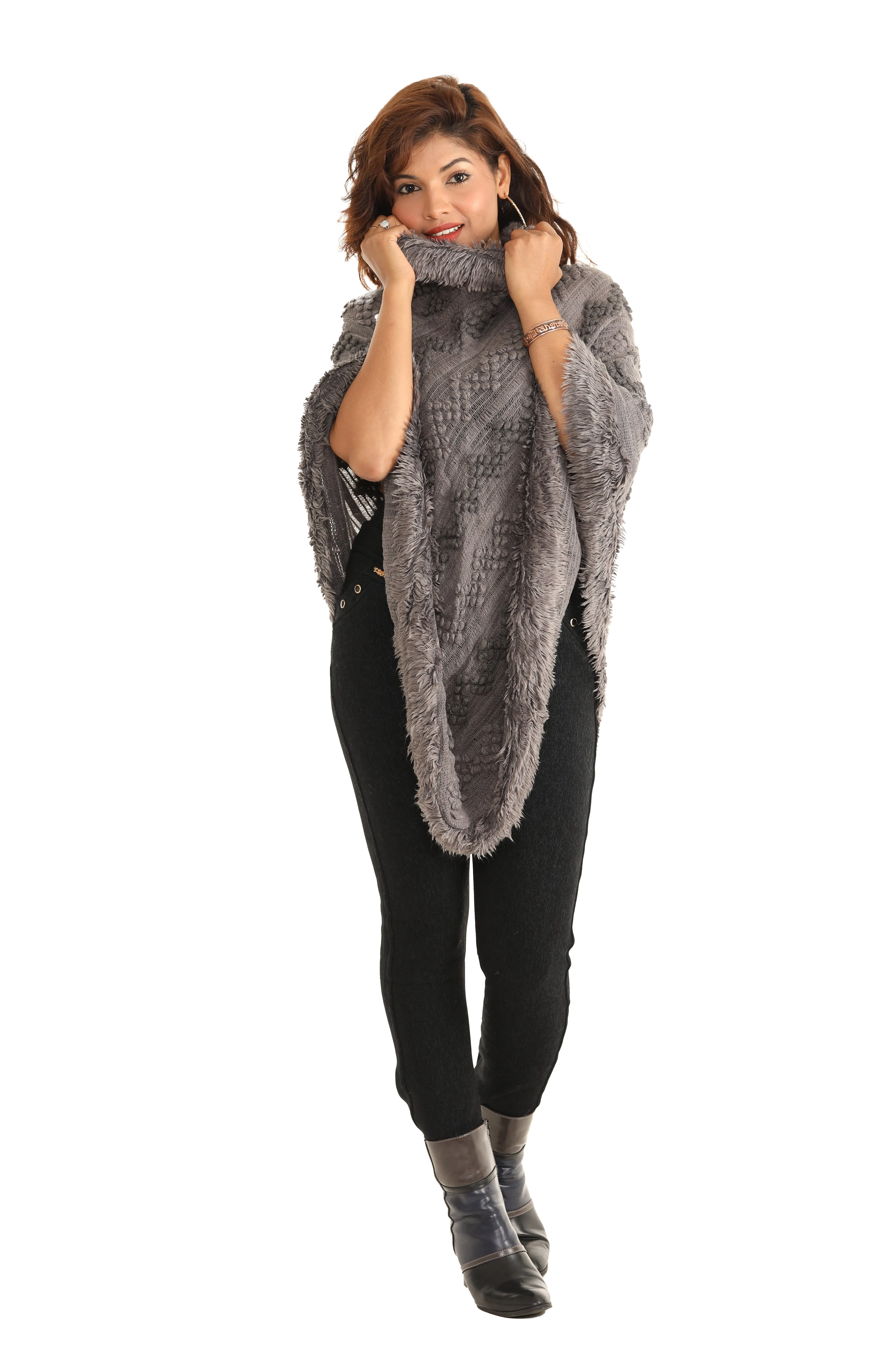 Popcorn Faux Fur Cowl-Neck Poncho