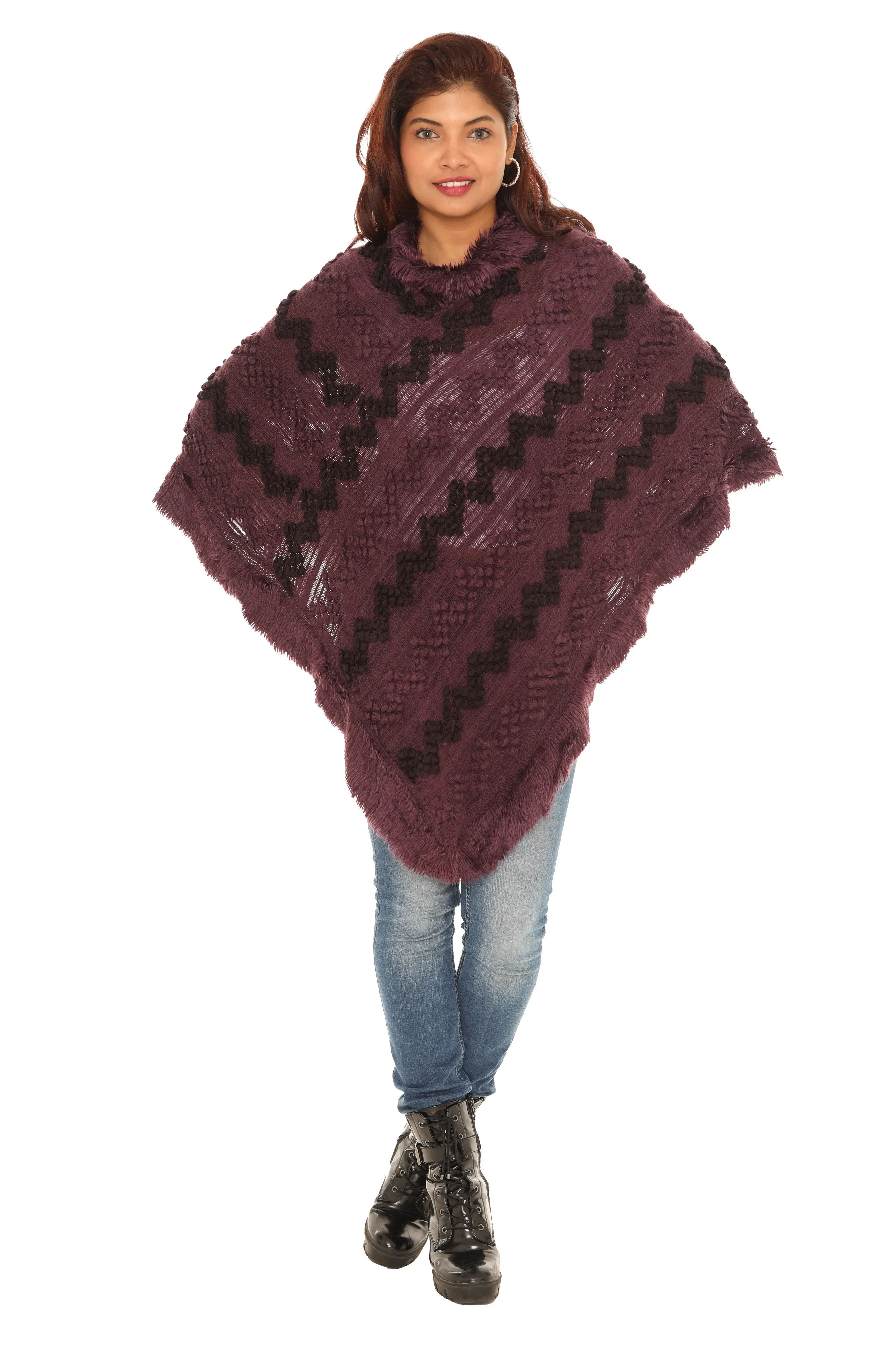 Popcorn Faux Fur Cowl-Neck Poncho