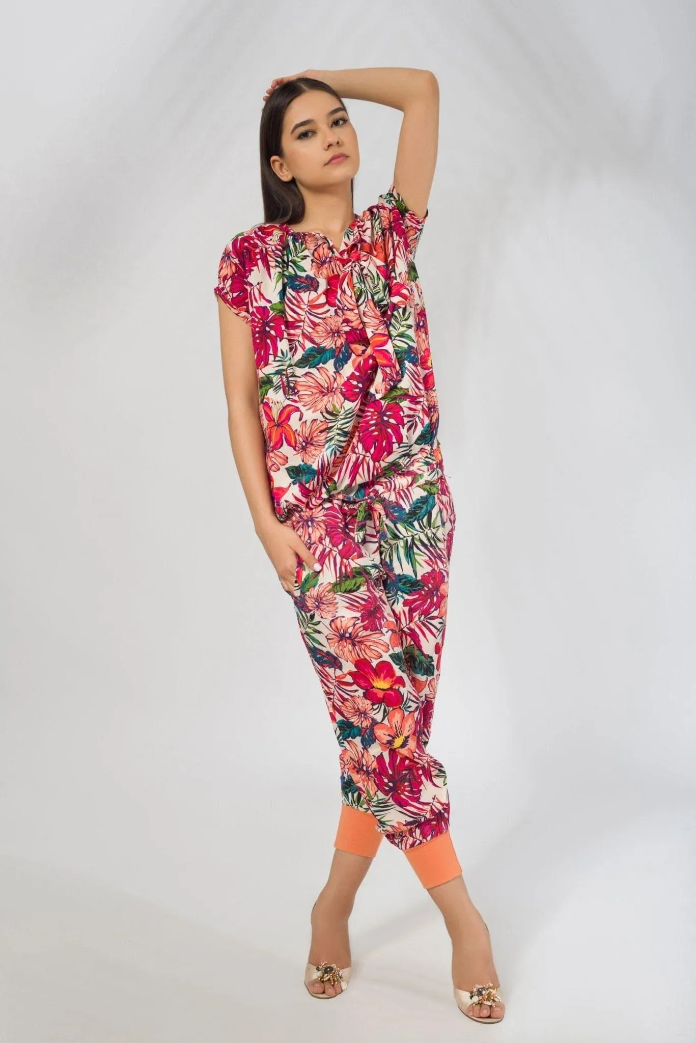 Potpourri Print Blouse with Neck Tie