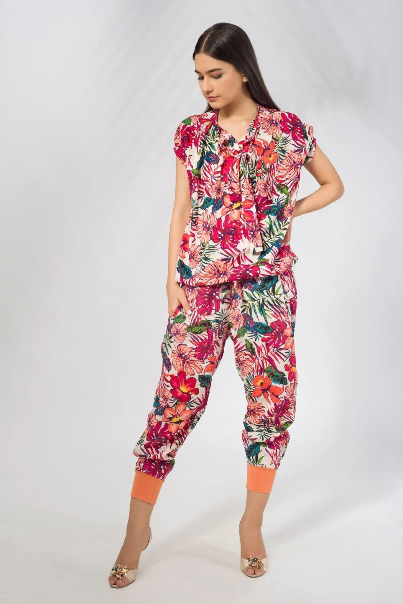 Potpourri Print Blouse with Neck Tie