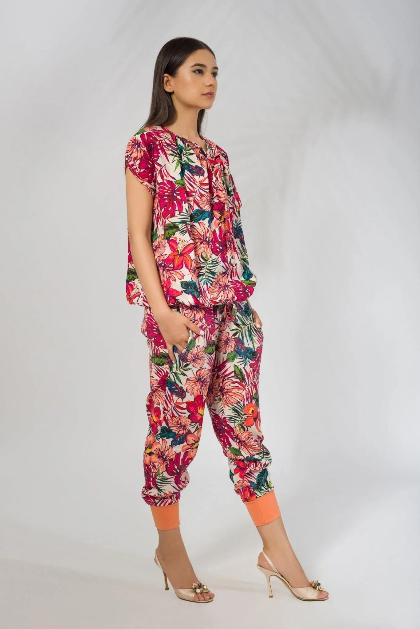 Potpourri Print Blouse with Neck Tie