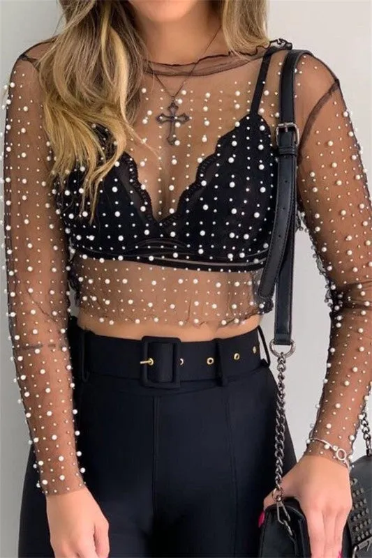 Sheer Tops Beaded Mesh Crop Top