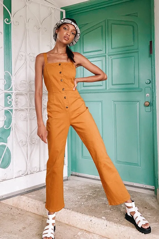 Sierra Orange Denim Button-Front Overall Jumpsuit