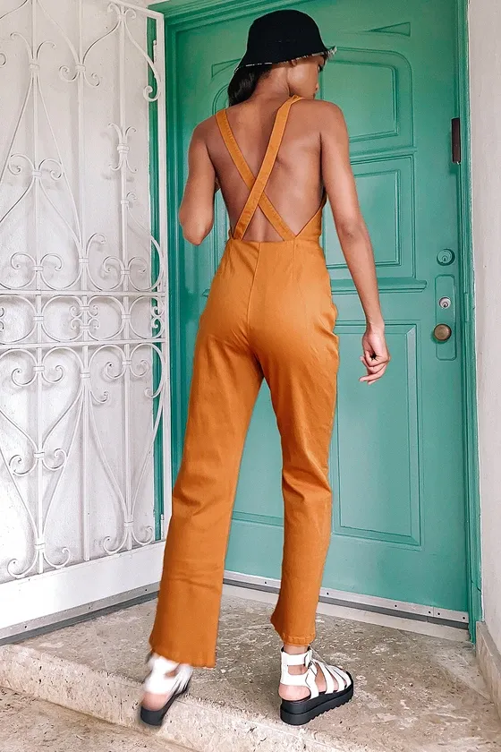 Sierra Orange Denim Button-Front Overall Jumpsuit