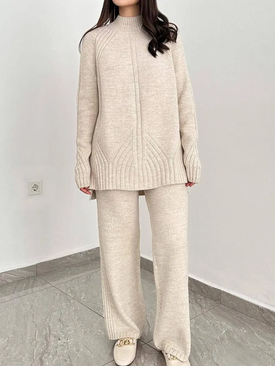 Solid Crewneck Loose Knitwear Casual Suit